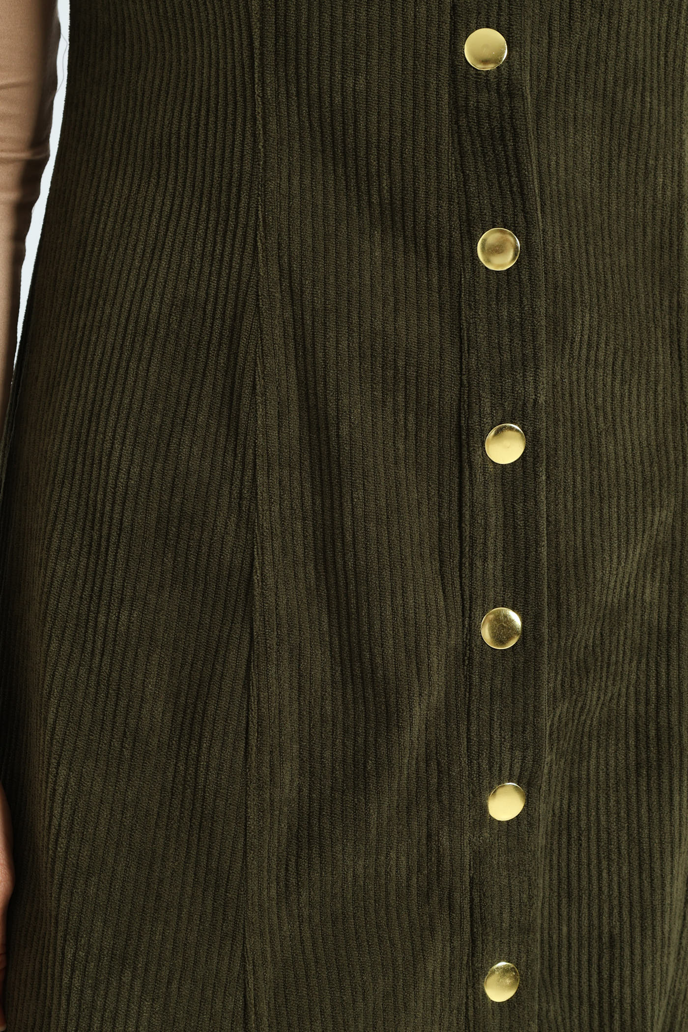 V-Neck Button Through Panelled Fit & Flare Corduroy Midi Dress - Dark Fatigue - Image 5