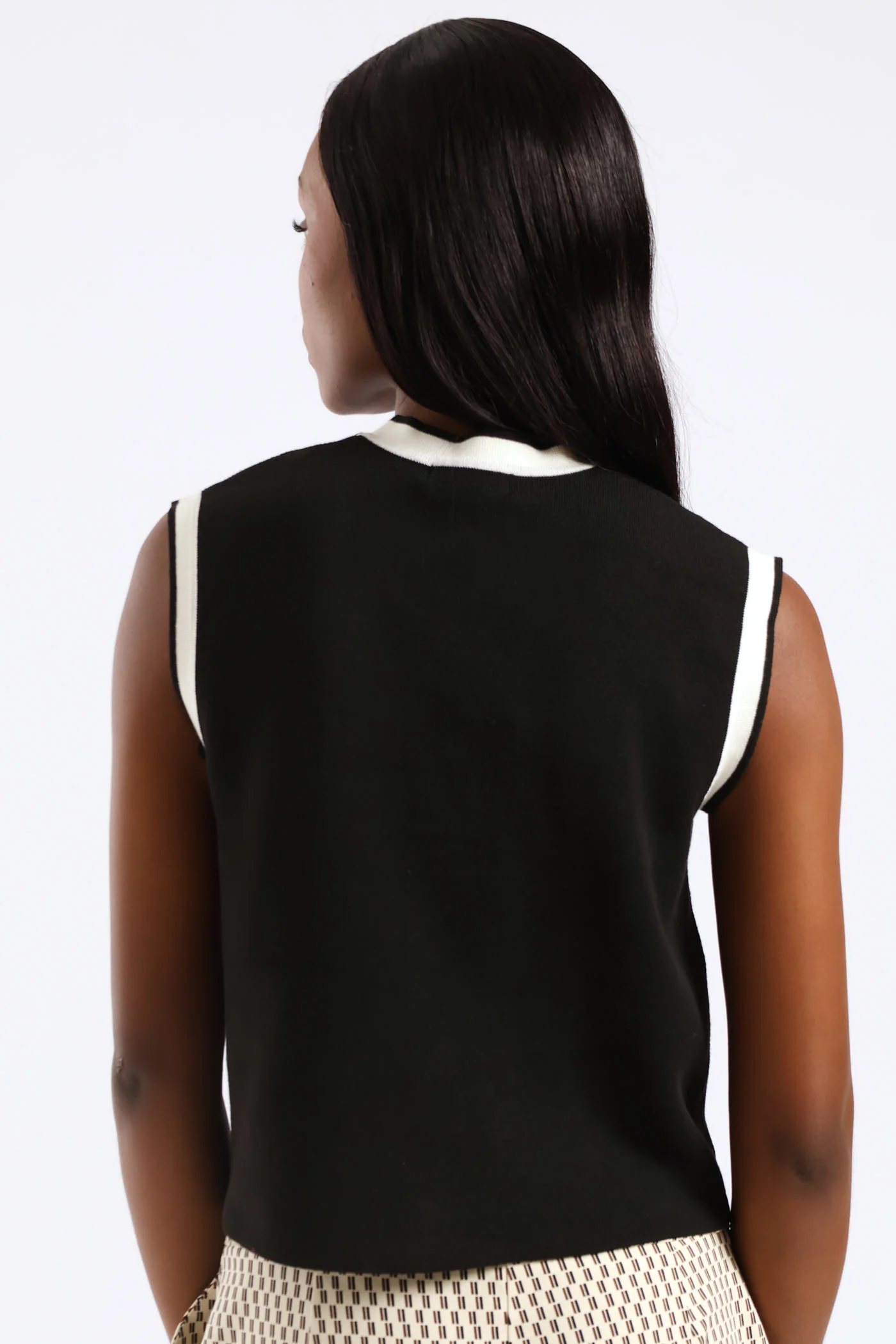 V-Neck Button Through Sweater Vest - Black/Cream - Image 3