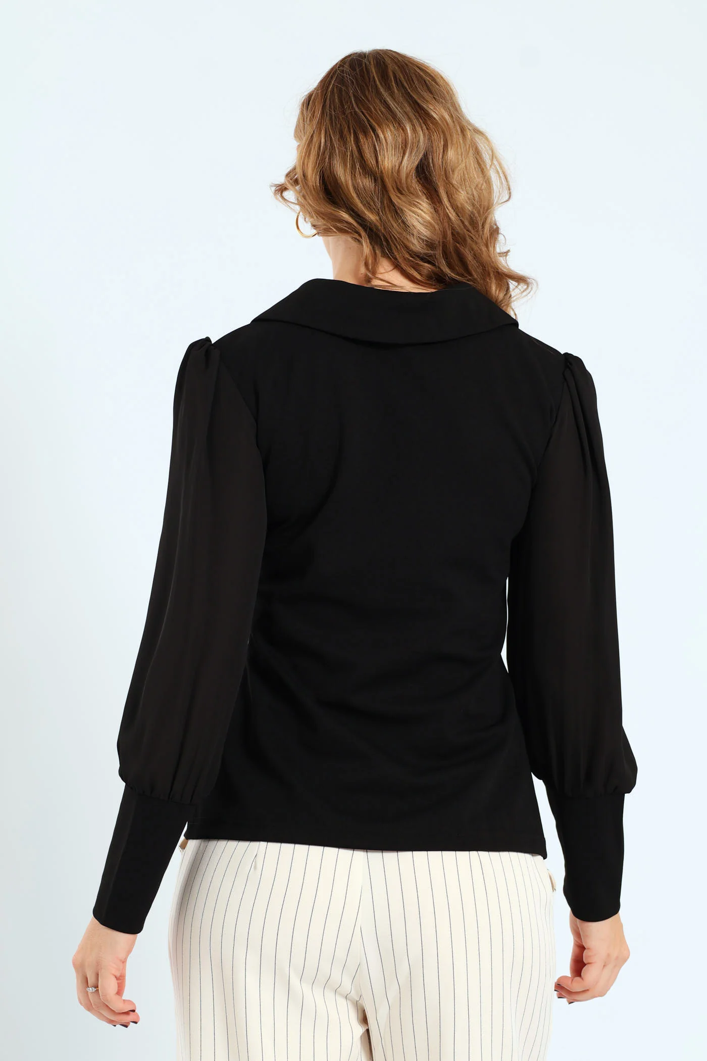V-Neck Collared Knitwear Combo Blouse - Black - Image 4
