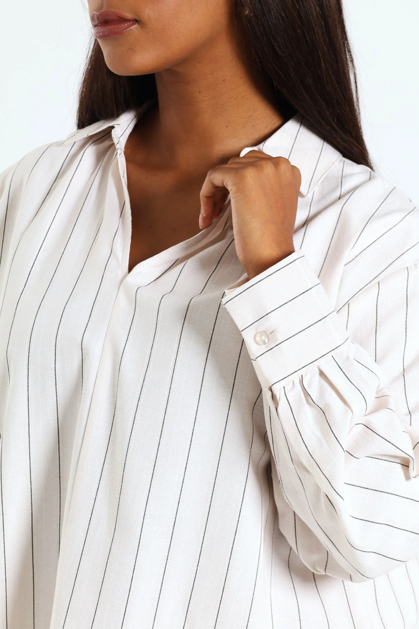 V-Neck Collared Striped Shirt - Beige/Black - Image 2