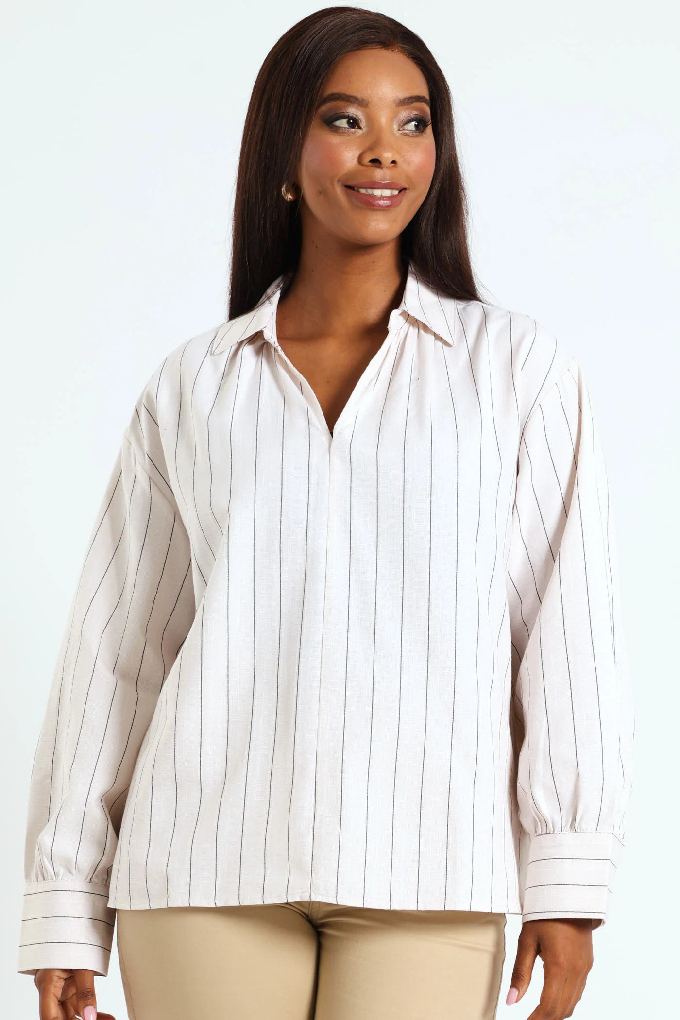 V-Neck Collared Striped Shirt - Beige/Black - Image 3