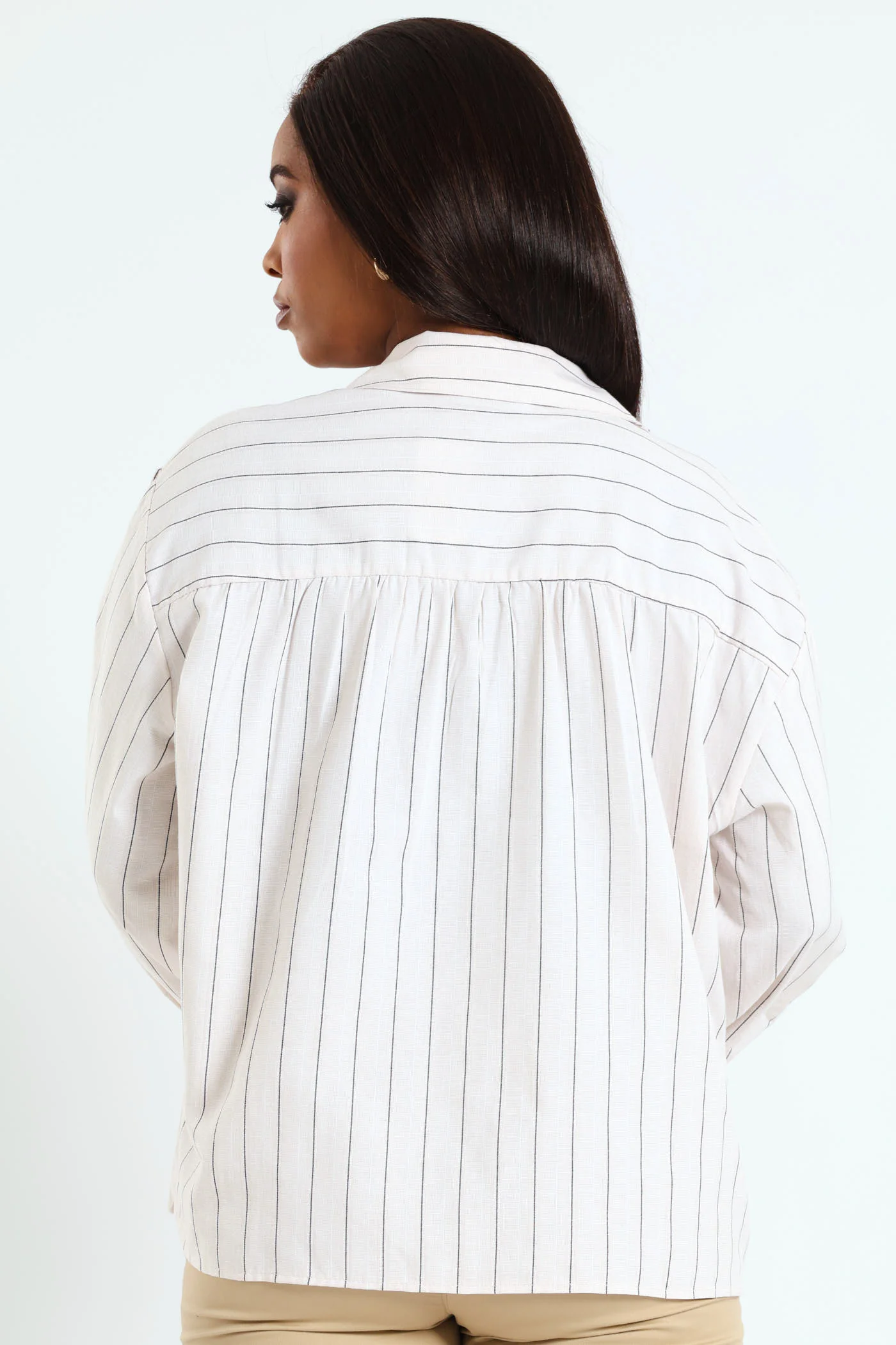 V-Neck Collared Striped Shirt - Beige/Black - Image 4