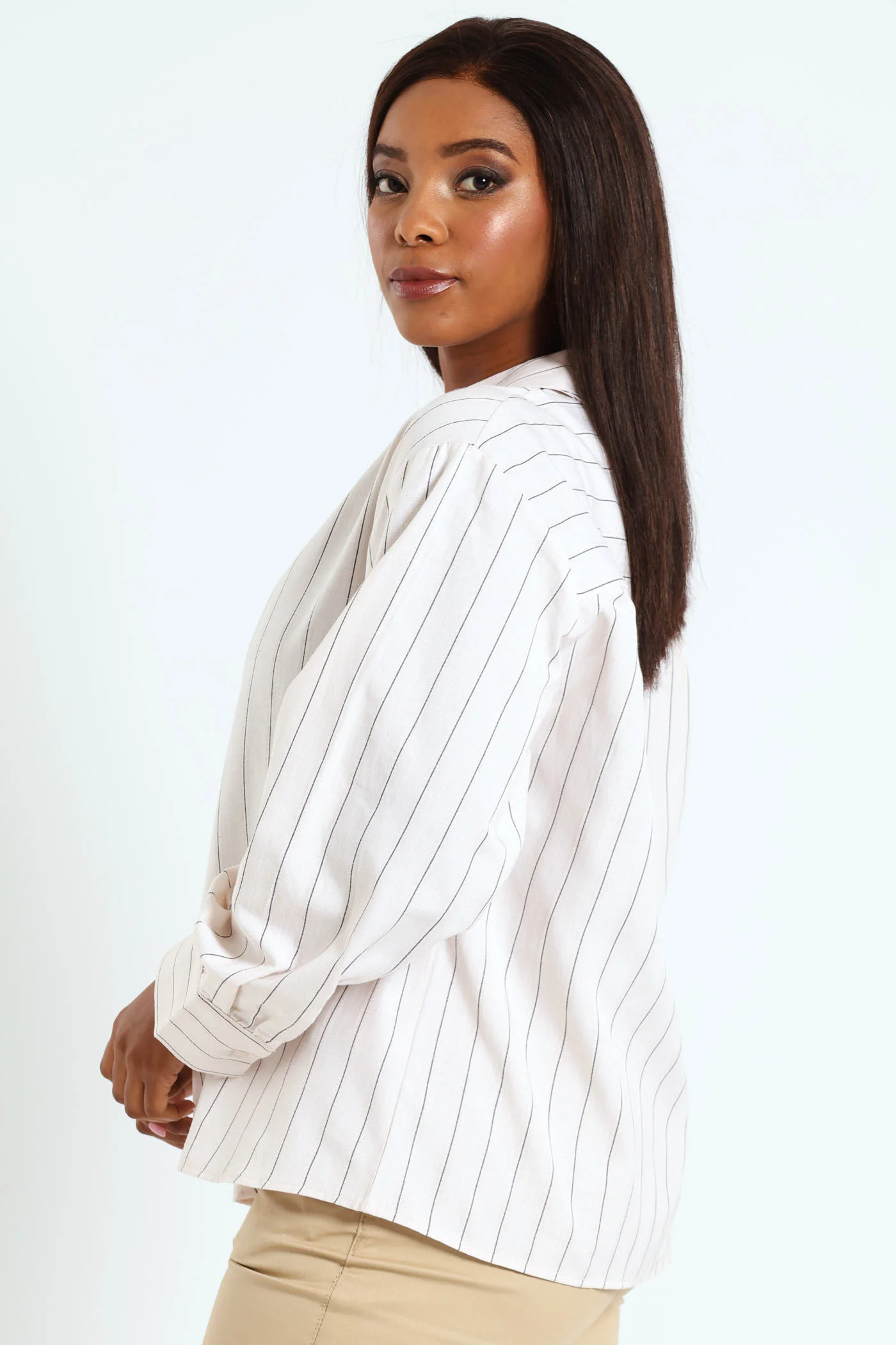 V-Neck Collared Striped Shirt - Beige/Black - Image 5