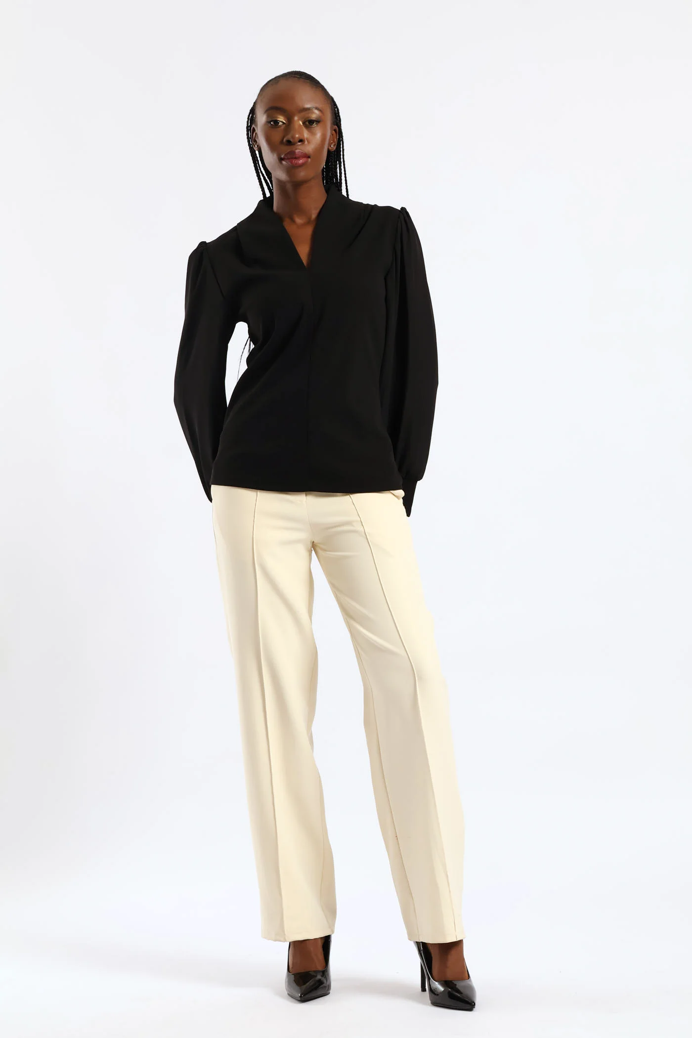 V-Neck Combo Blouse - Black - Image 3