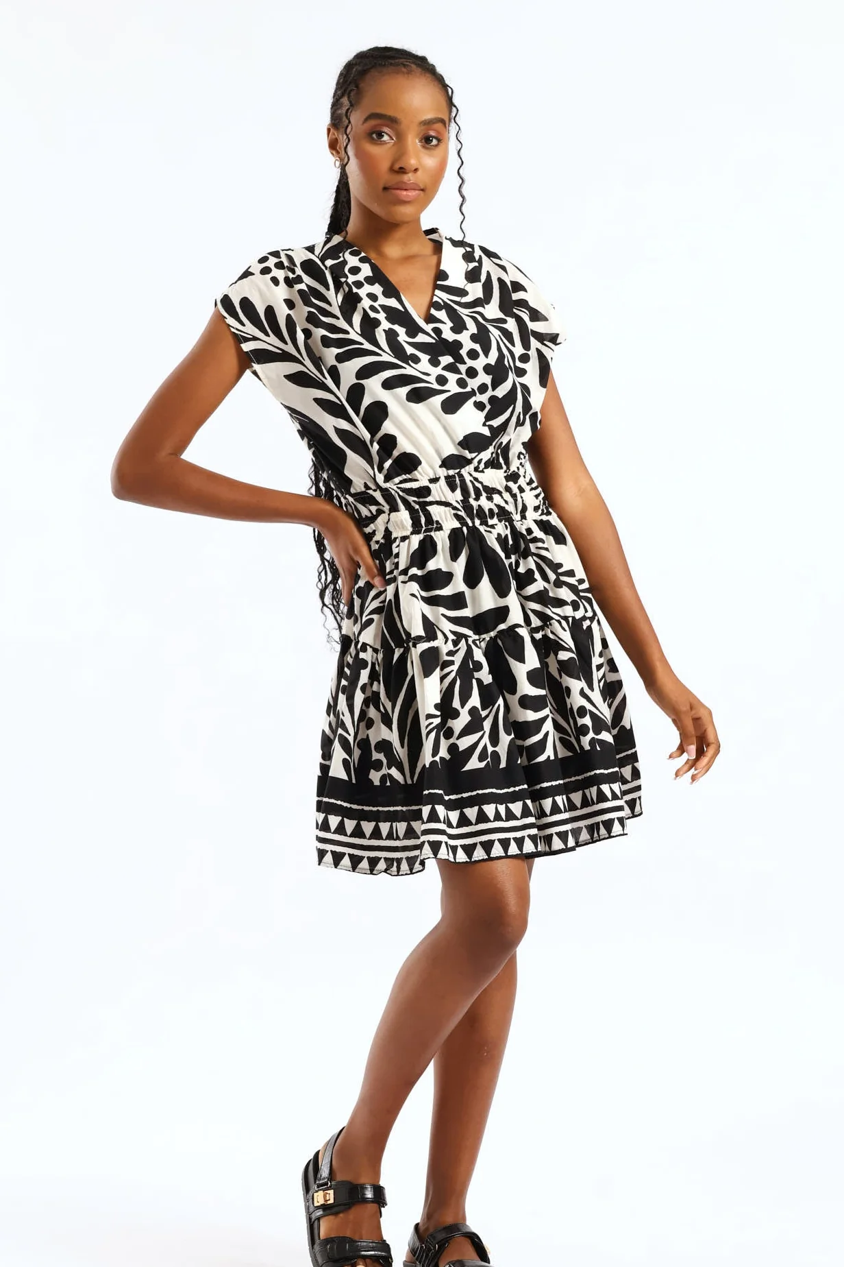 V-Neck Cross Over Elasticated Waist Mini Dress - Cream/Black - Image 6