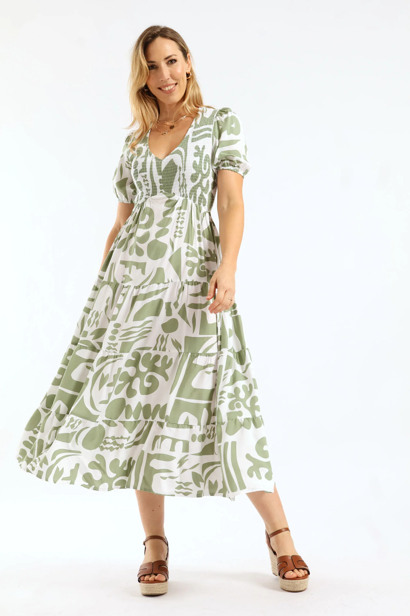 V-Neck Cuffed Sleeve Easy Wearing Maxi Dress - Grey/White - Image 3