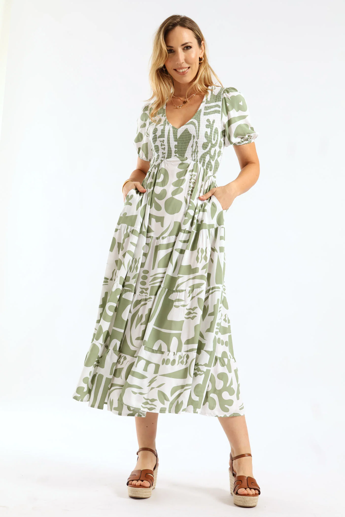 V-Neck Cuffed Sleeve Easy Wearing Maxi Dress - Grey/White - Image 5