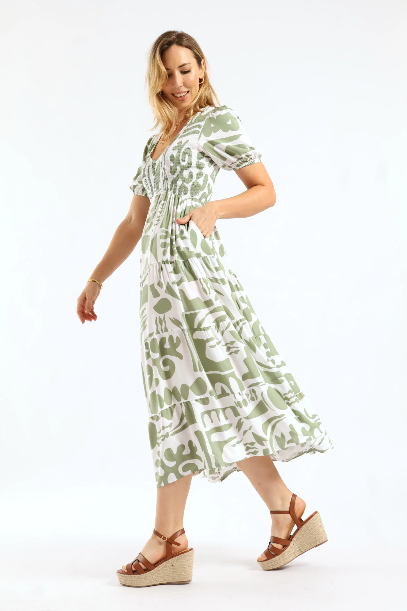 V-Neck Cuffed Sleeve Easy Wearing Maxi Dress - Grey/White - Image 6