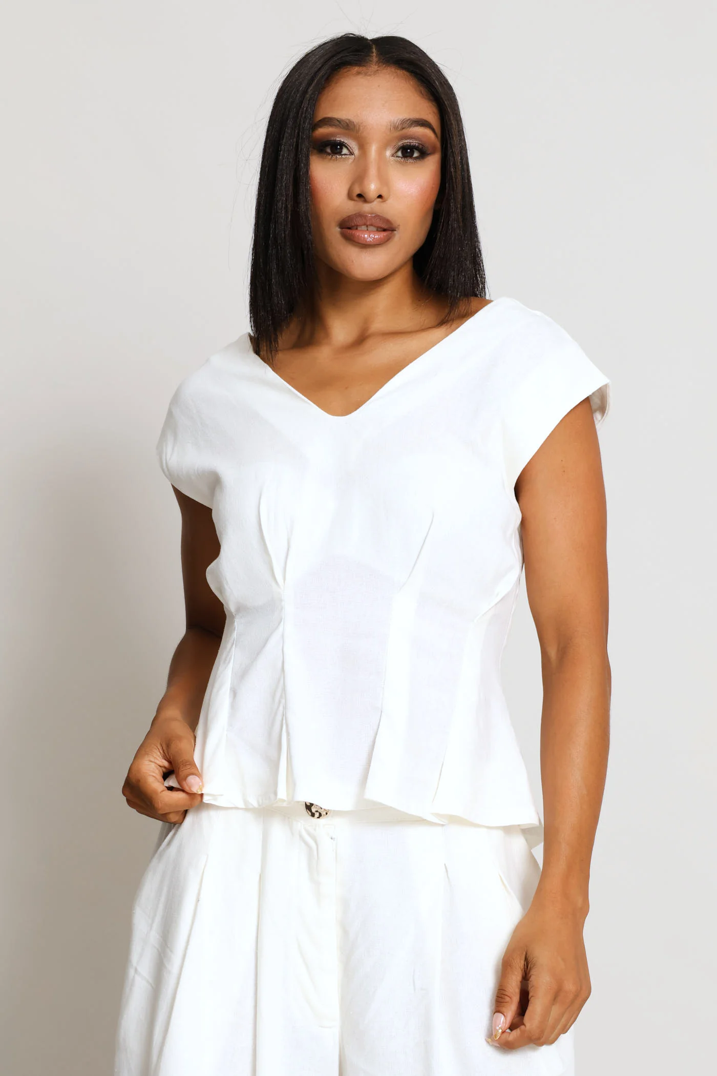 V-Neck Darted Peplum Shell Tank - Milk - Image 3