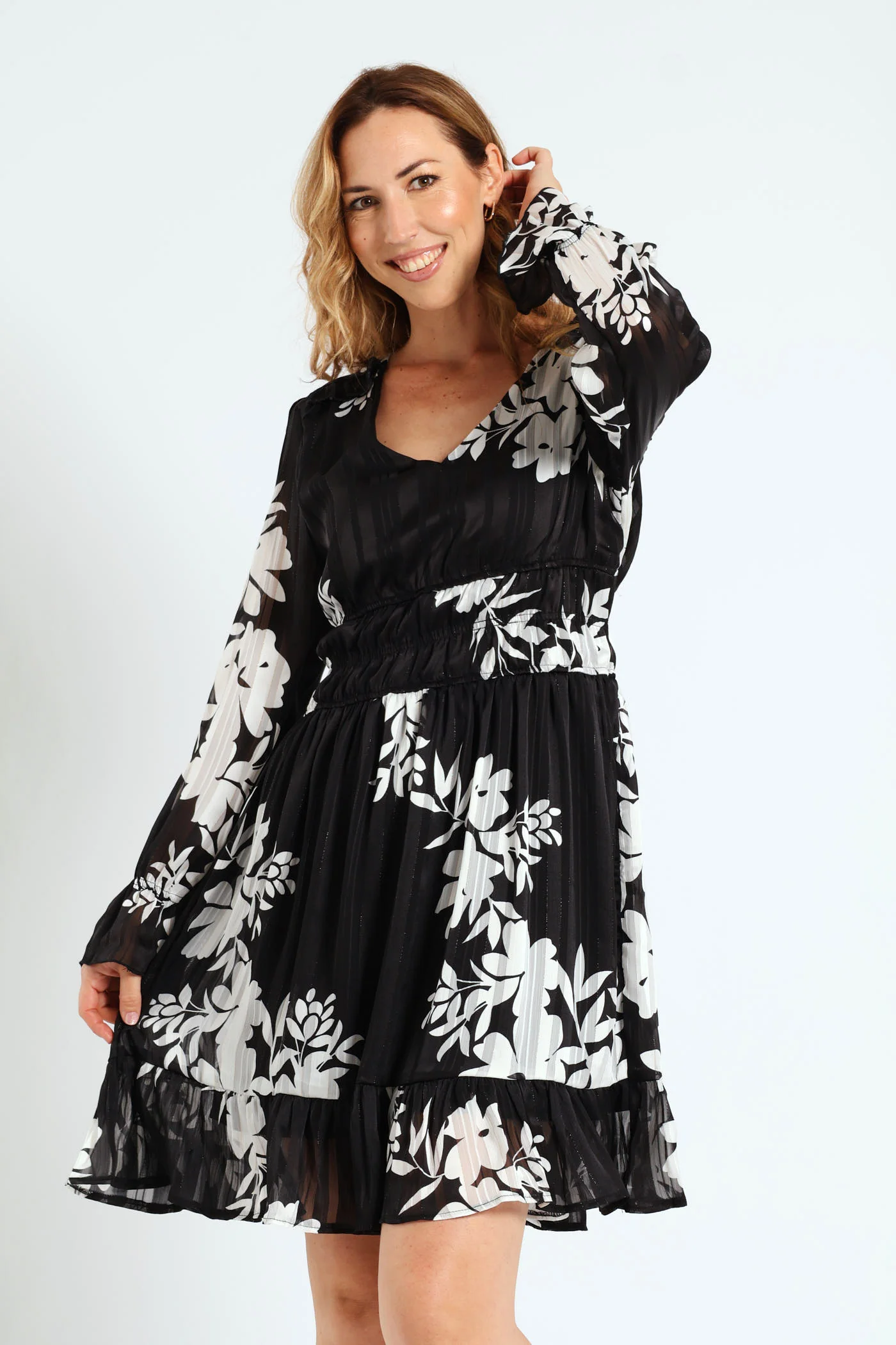 V-Neck Elasticated Waist Tea Dress - Black/White - Image 3