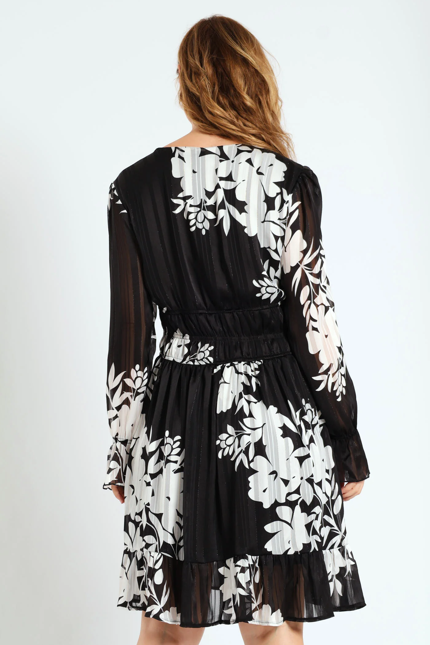 V-Neck Elasticated Waist Tea Dress - Black/White - Image 4