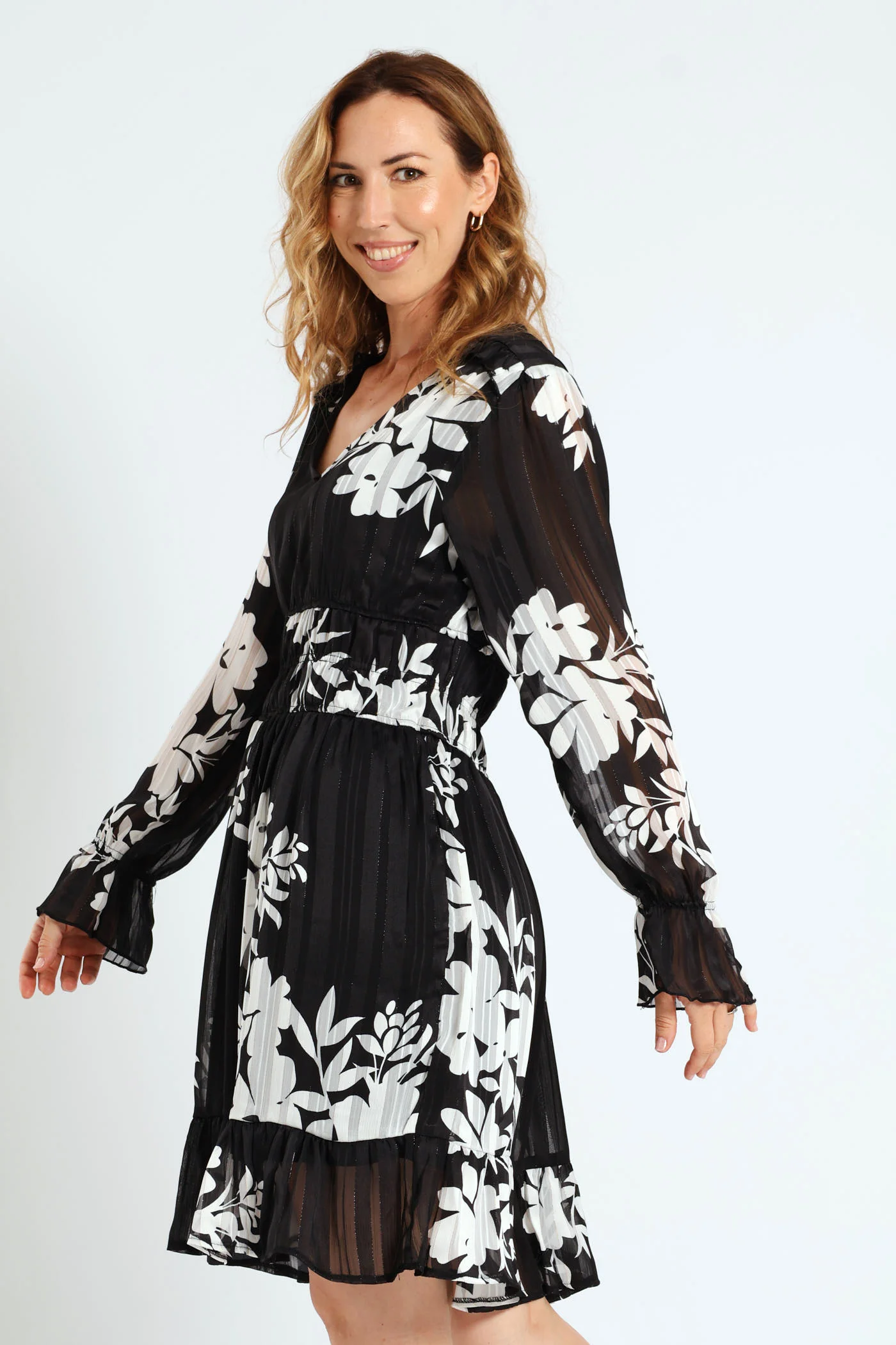 V-Neck Elasticated Waist Tea Dress - Black/White - Image 5