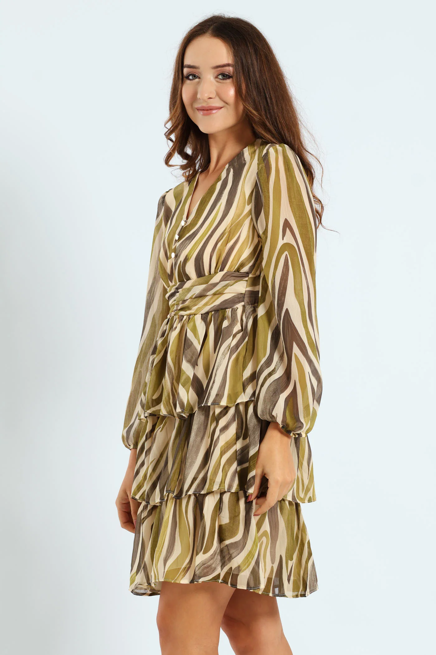 V-Neck Elasticated Waist Tiered Tea Dress - Green - Image 3