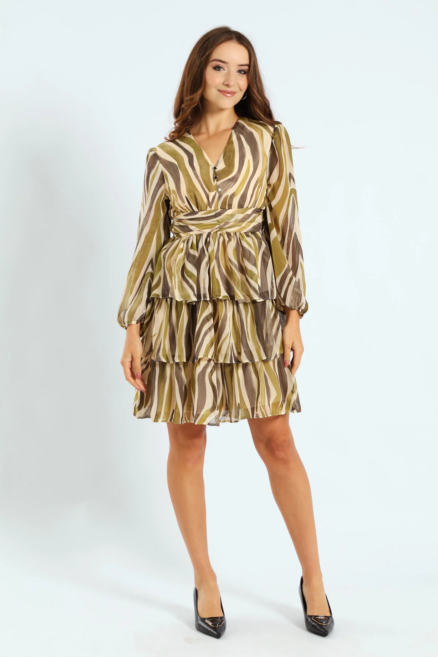 V-Neck Elasticated Waist Tiered Tea Dress - Green - Image 4