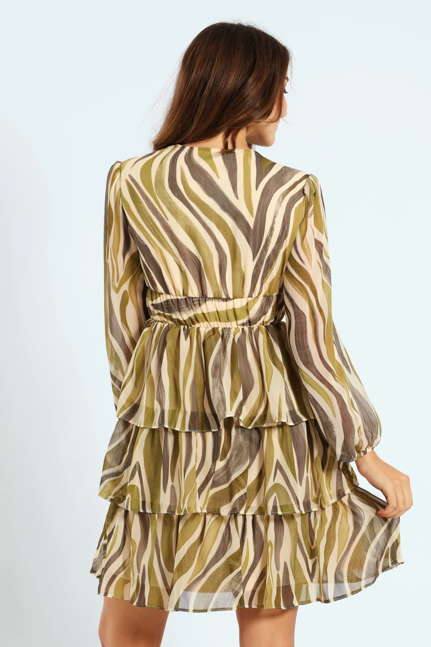 V-Neck Elasticated Waist Tiered Tea Dress - Green - Image 5