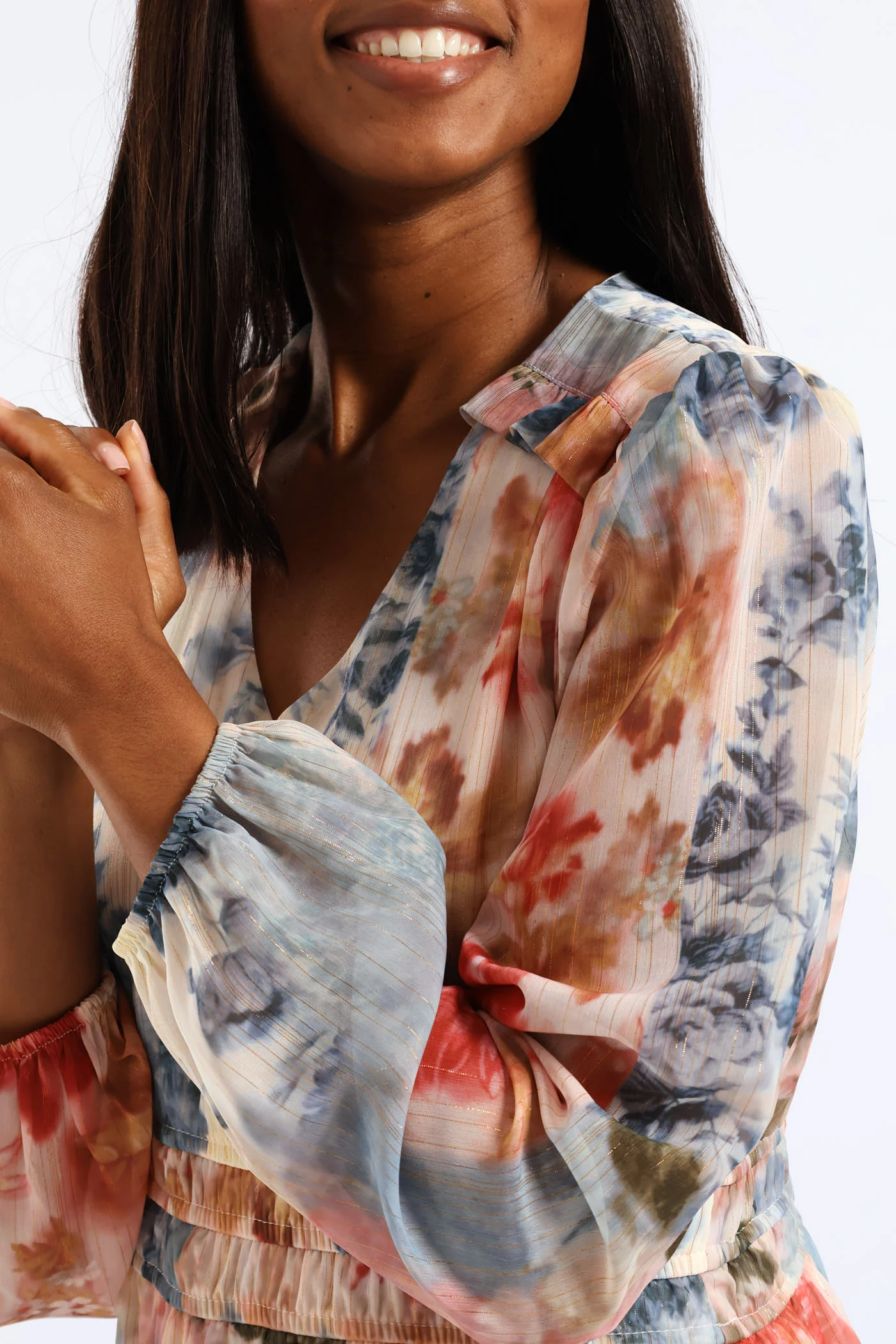 V-Neck Elasticated Waist Tiered Tea Dress - Multi - Image 2
