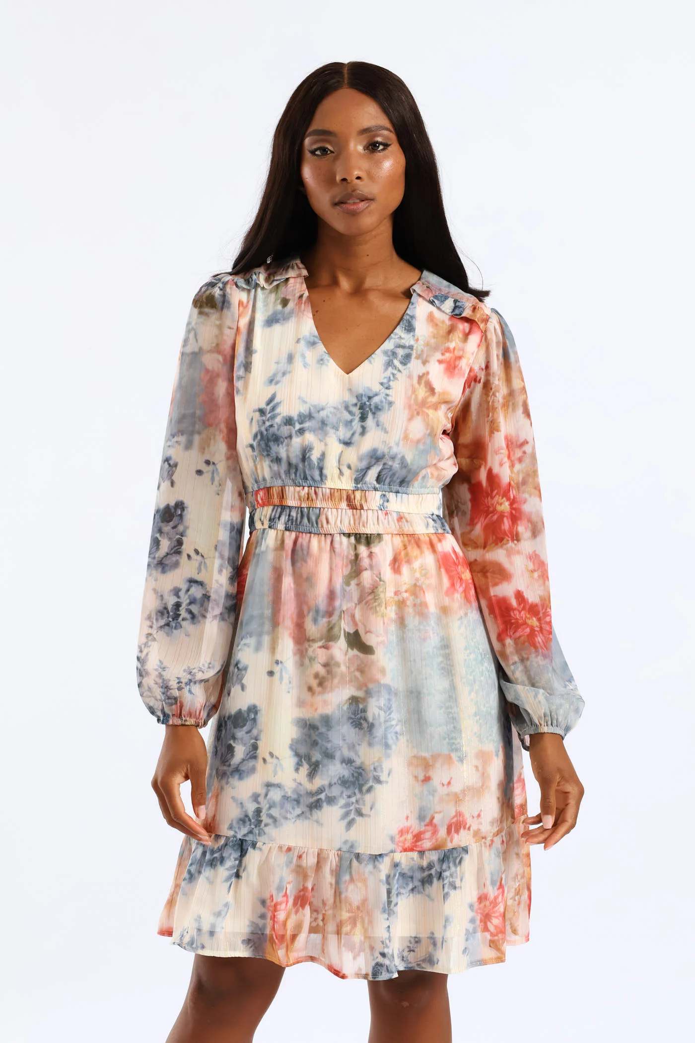 V-Neck Elasticated Waist Tiered Tea Dress - Multi - Image 3