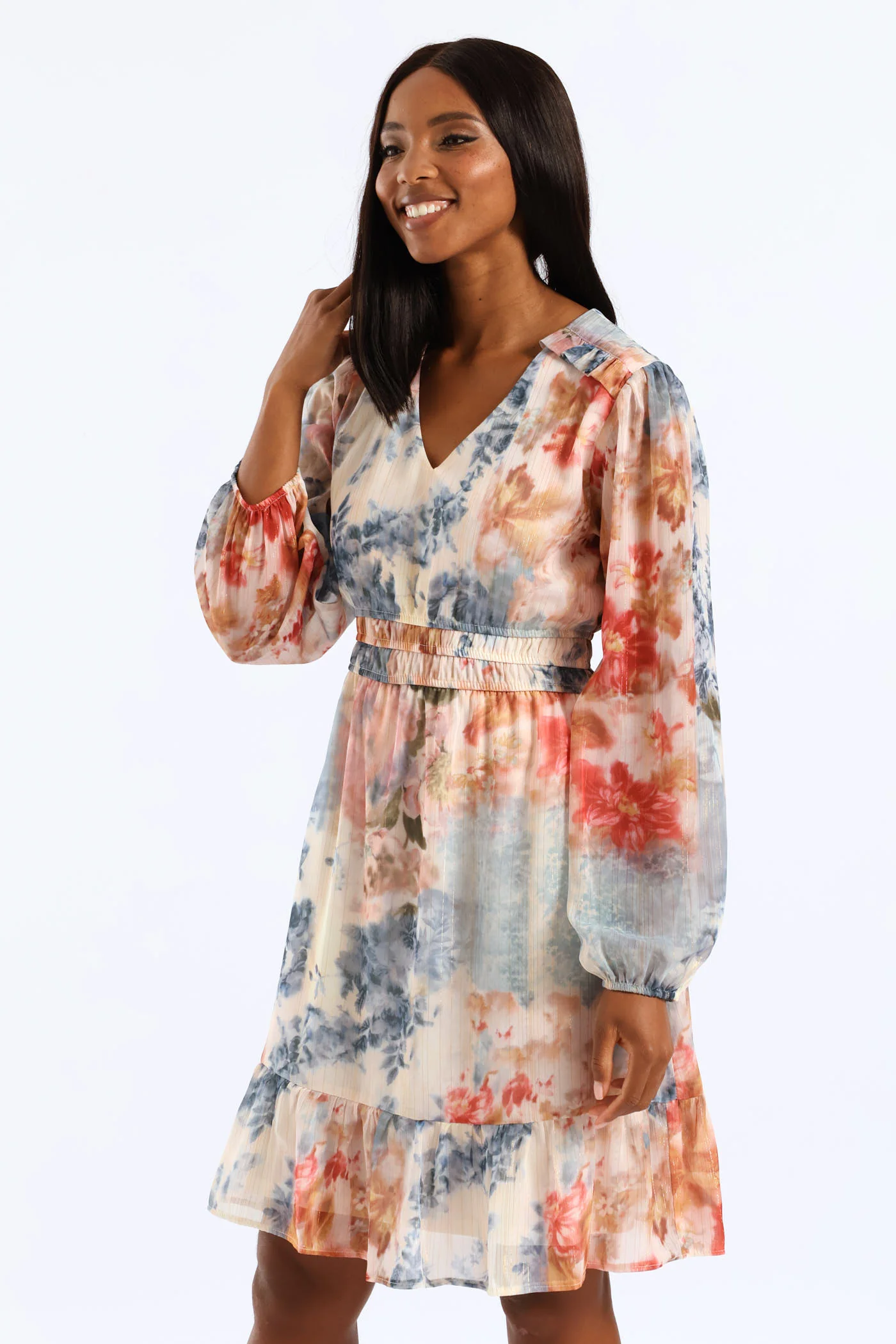 V-Neck Elasticated Waist Tiered Tea Dress - Multi - Image 4