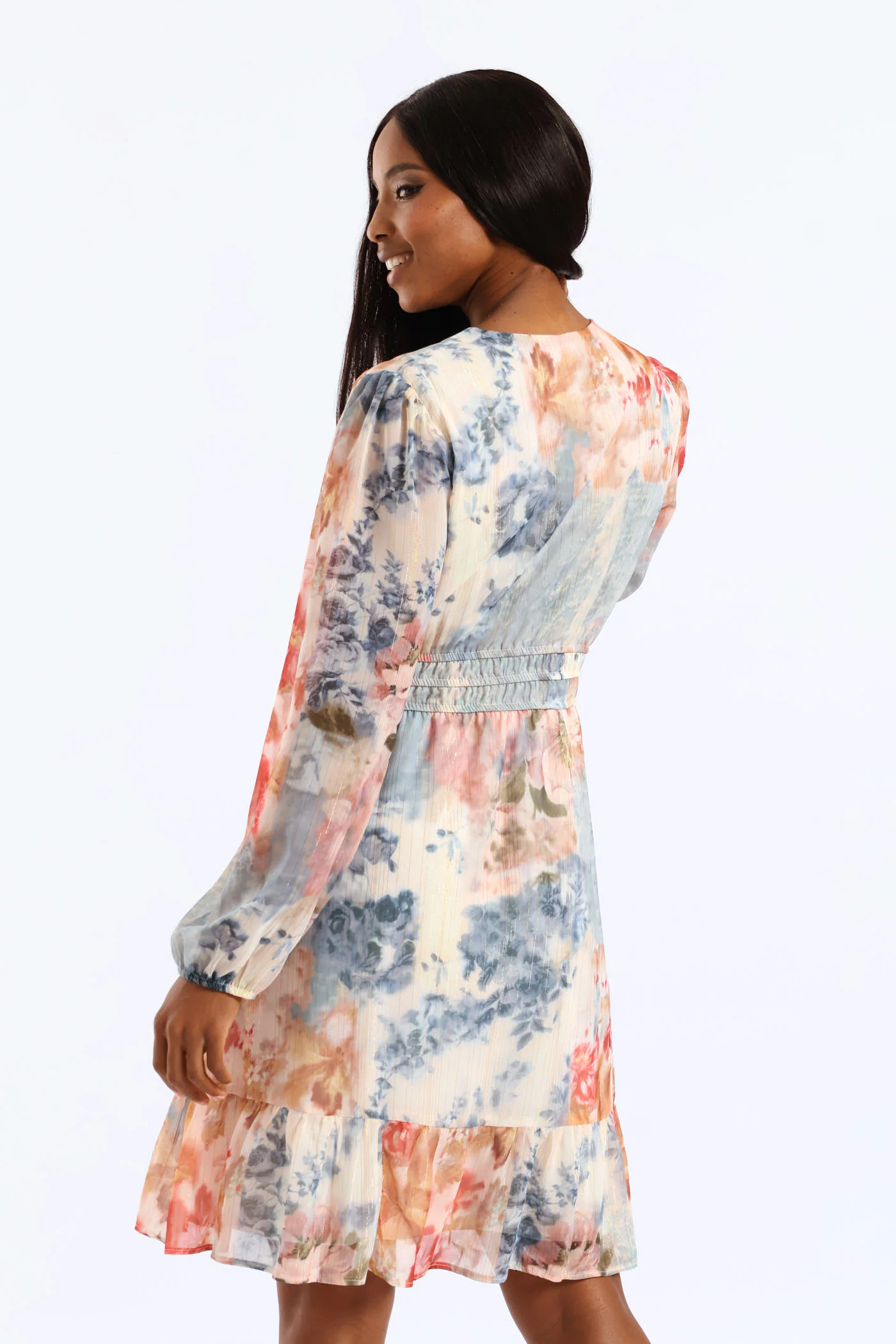 V-Neck Elasticated Waist Tiered Tea Dress - Multi - Image 5