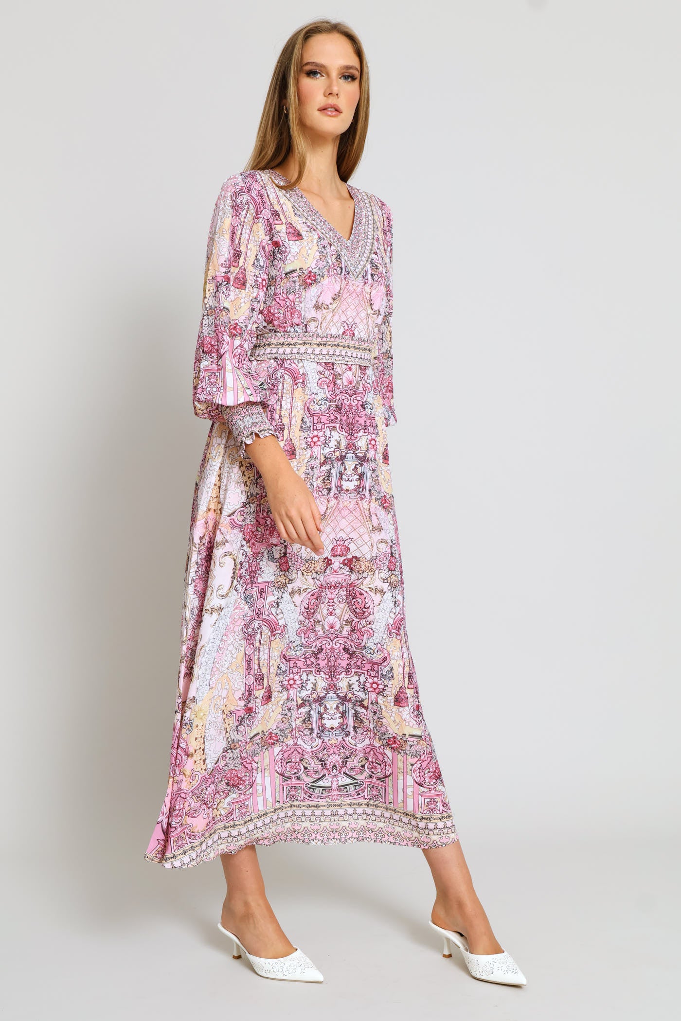 V-Neck Embellished Border Print Maxi Dress - Pink - Image 3