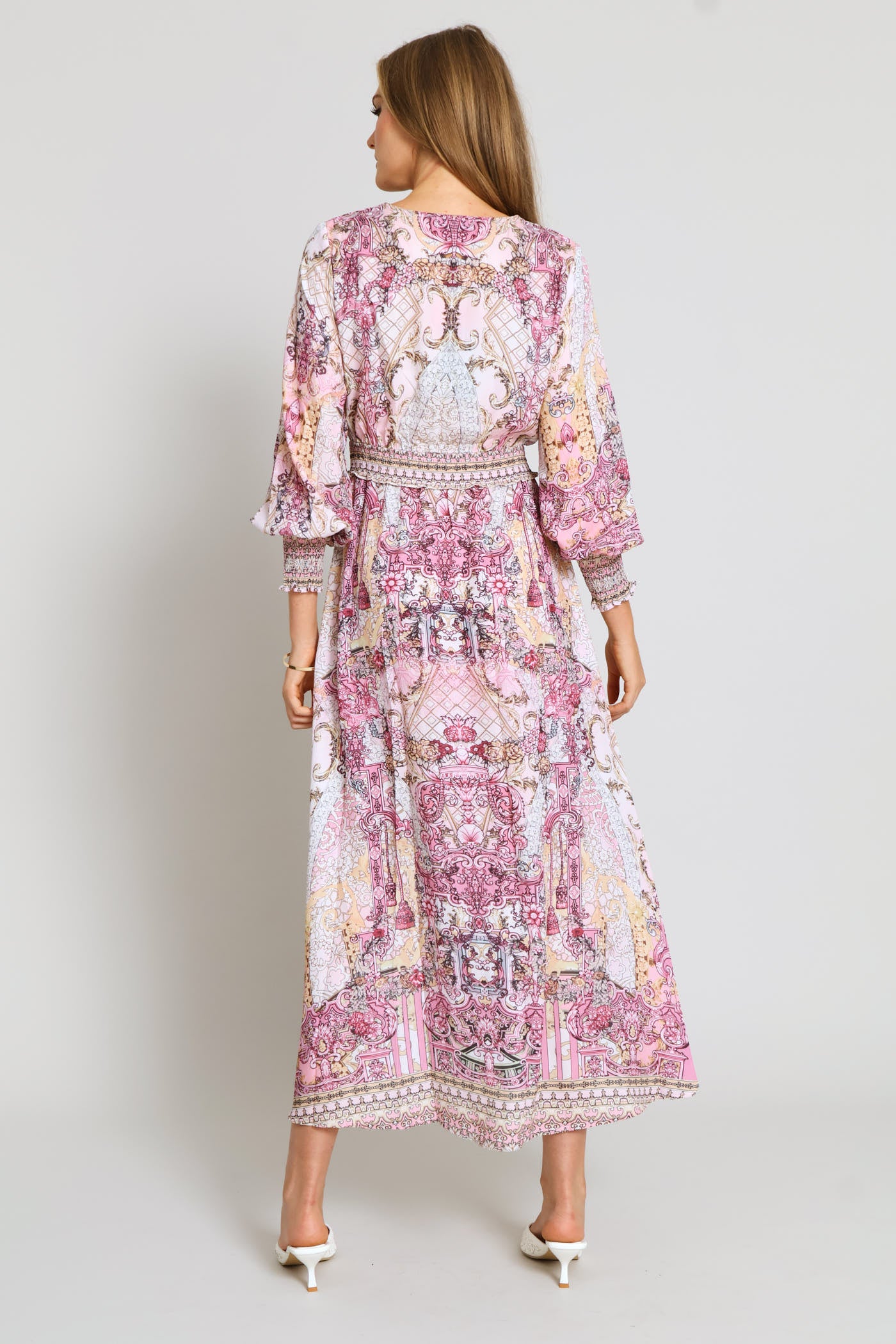V-Neck Embellished Border Print Maxi Dress - Pink - Image 4