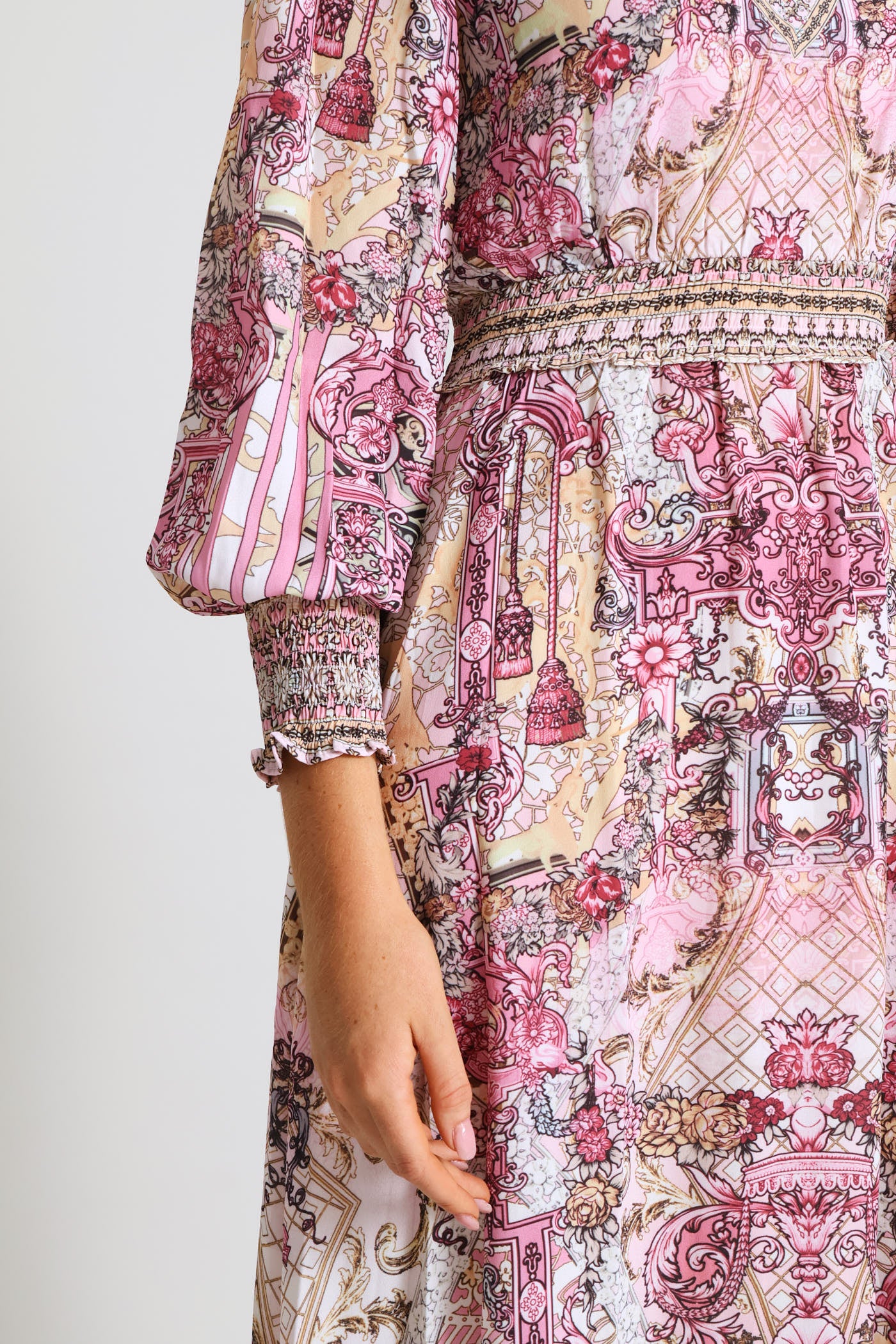 V-Neck Embellished Border Print Maxi Dress - Pink - Image 5