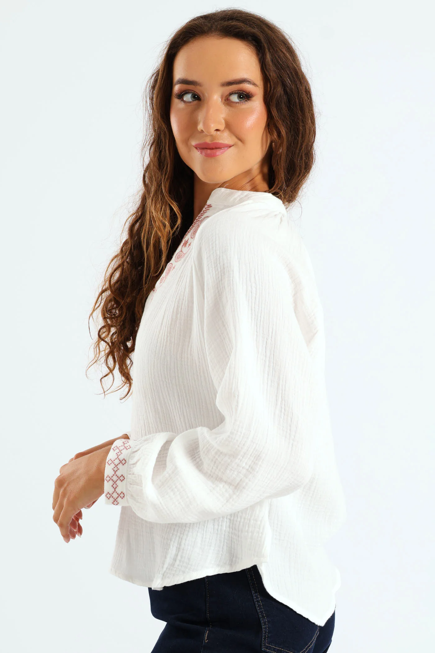 V-Neck Embroidered Peasant Blouse - Off White - Image 3