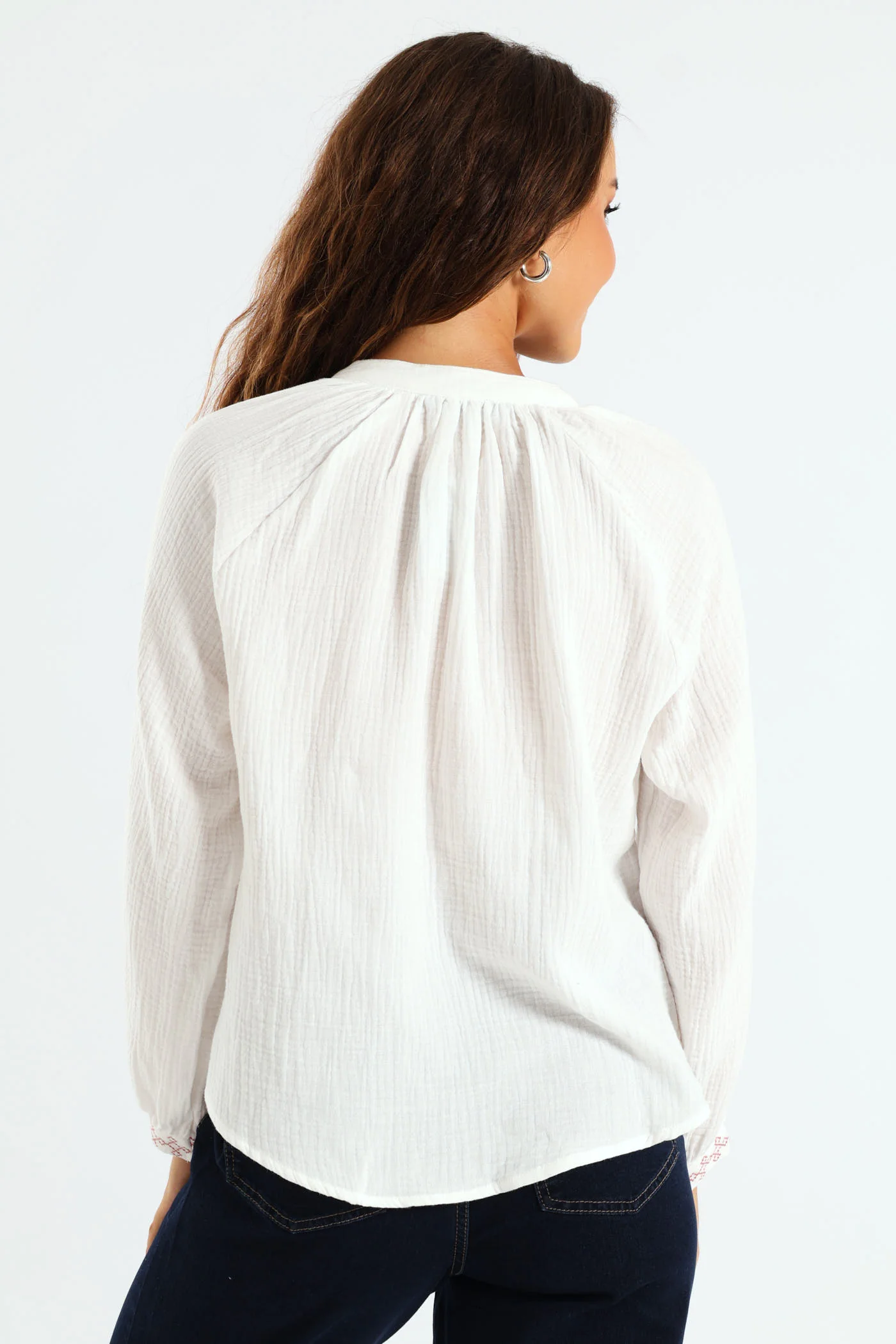 V-Neck Embroidered Peasant Blouse - Off White - Image 4