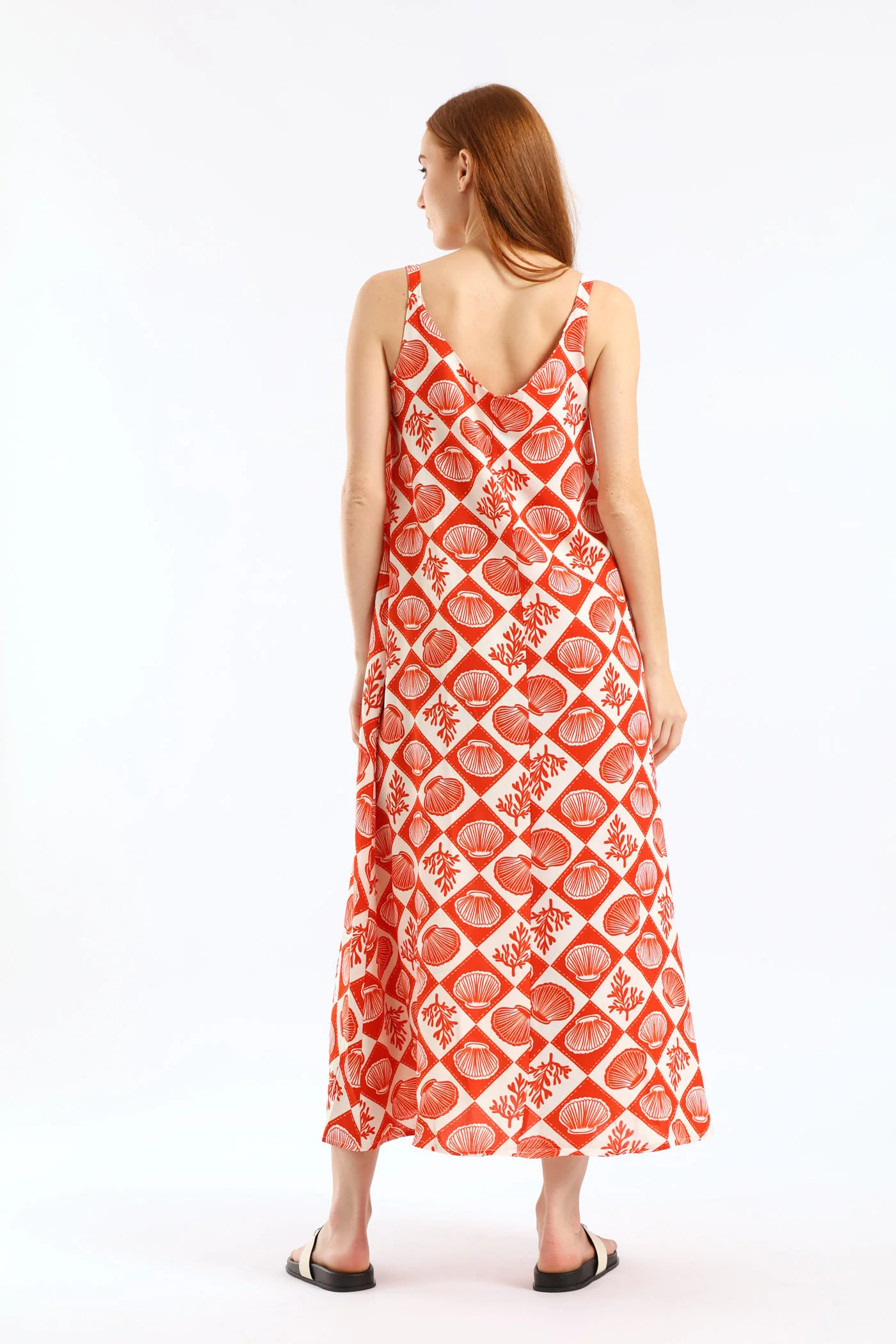 V-Neck Flare Slip Midi Dress - White/Orange - Image 2