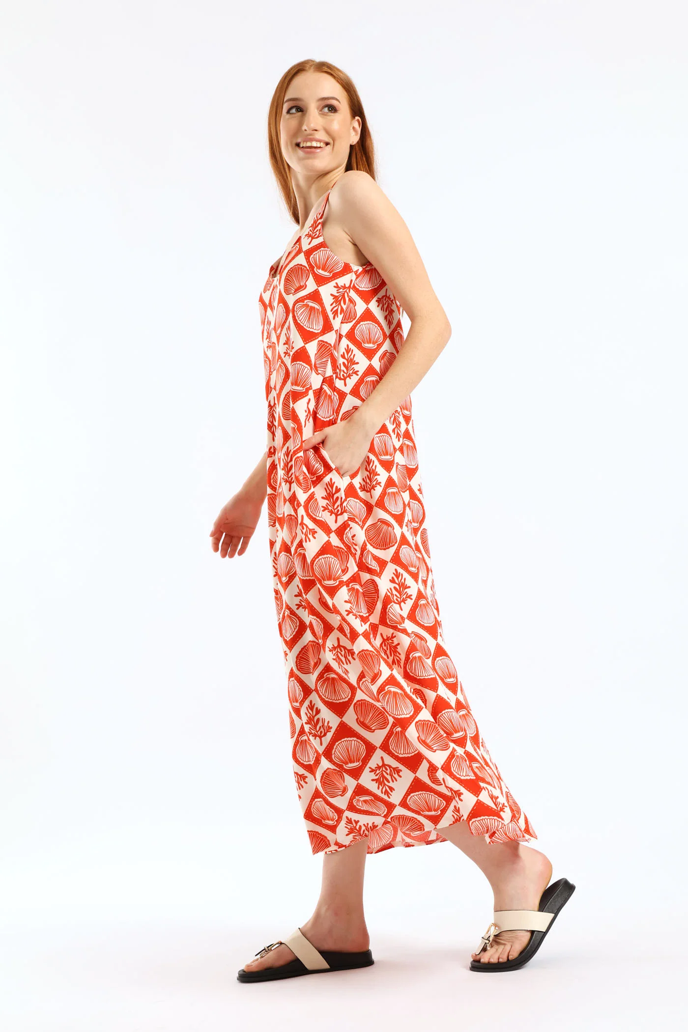 V-Neck Flare Slip Midi Dress - White/Orange - Image 3