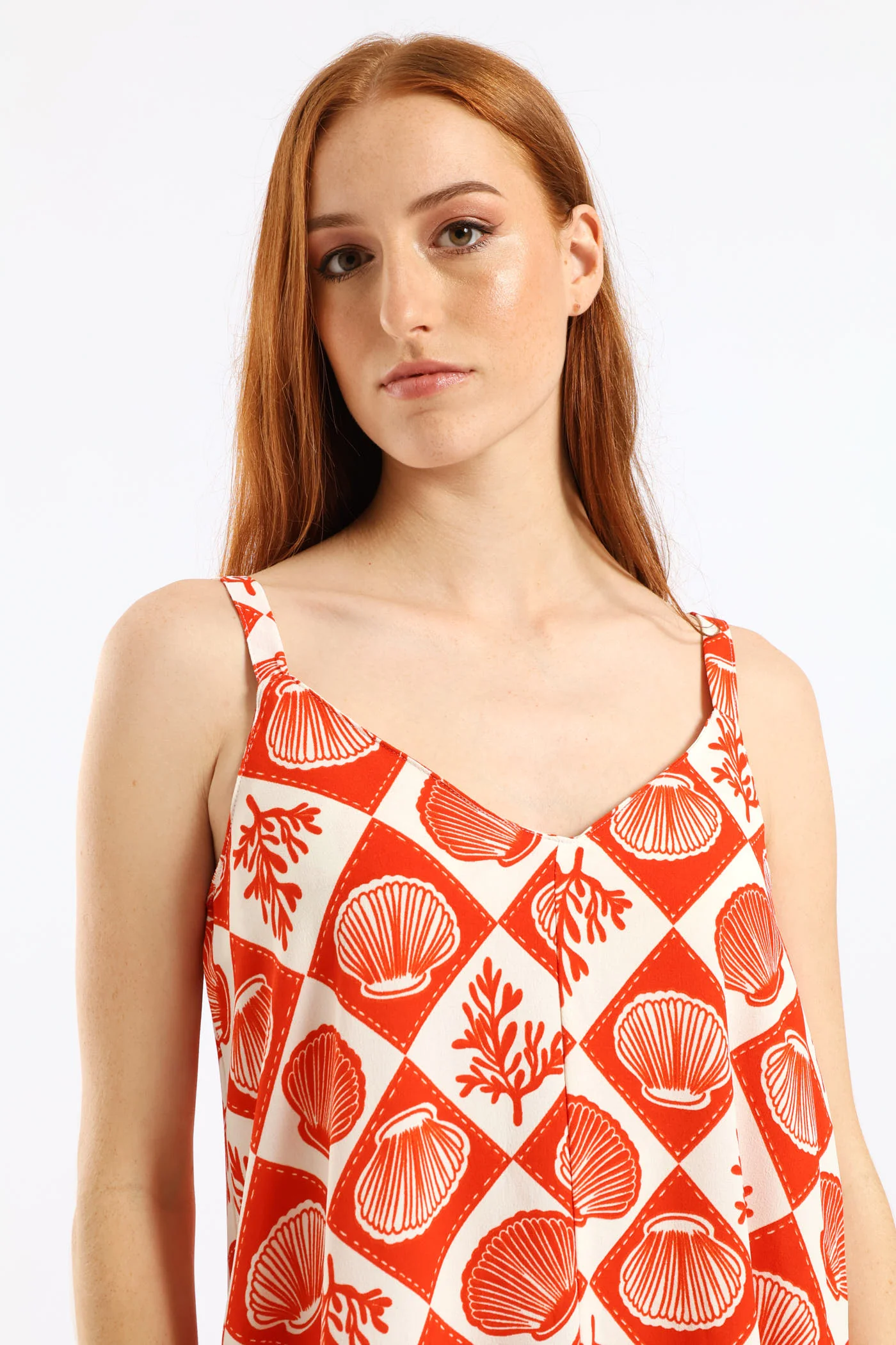 V-Neck Flare Slip Midi Dress - White/Orange - Image 4