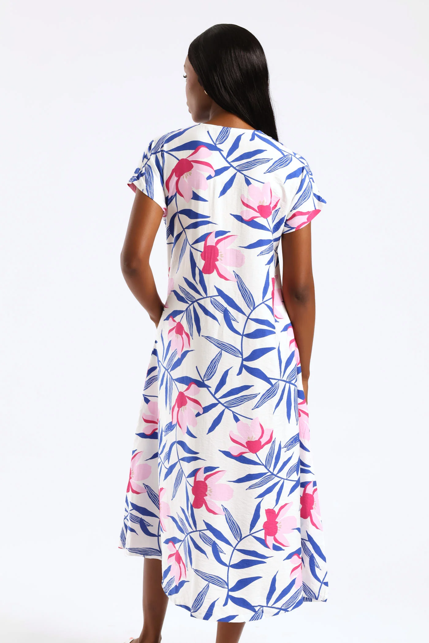V-Neck Flared Kaftan Midi Dress - White/Blue - Image 2
