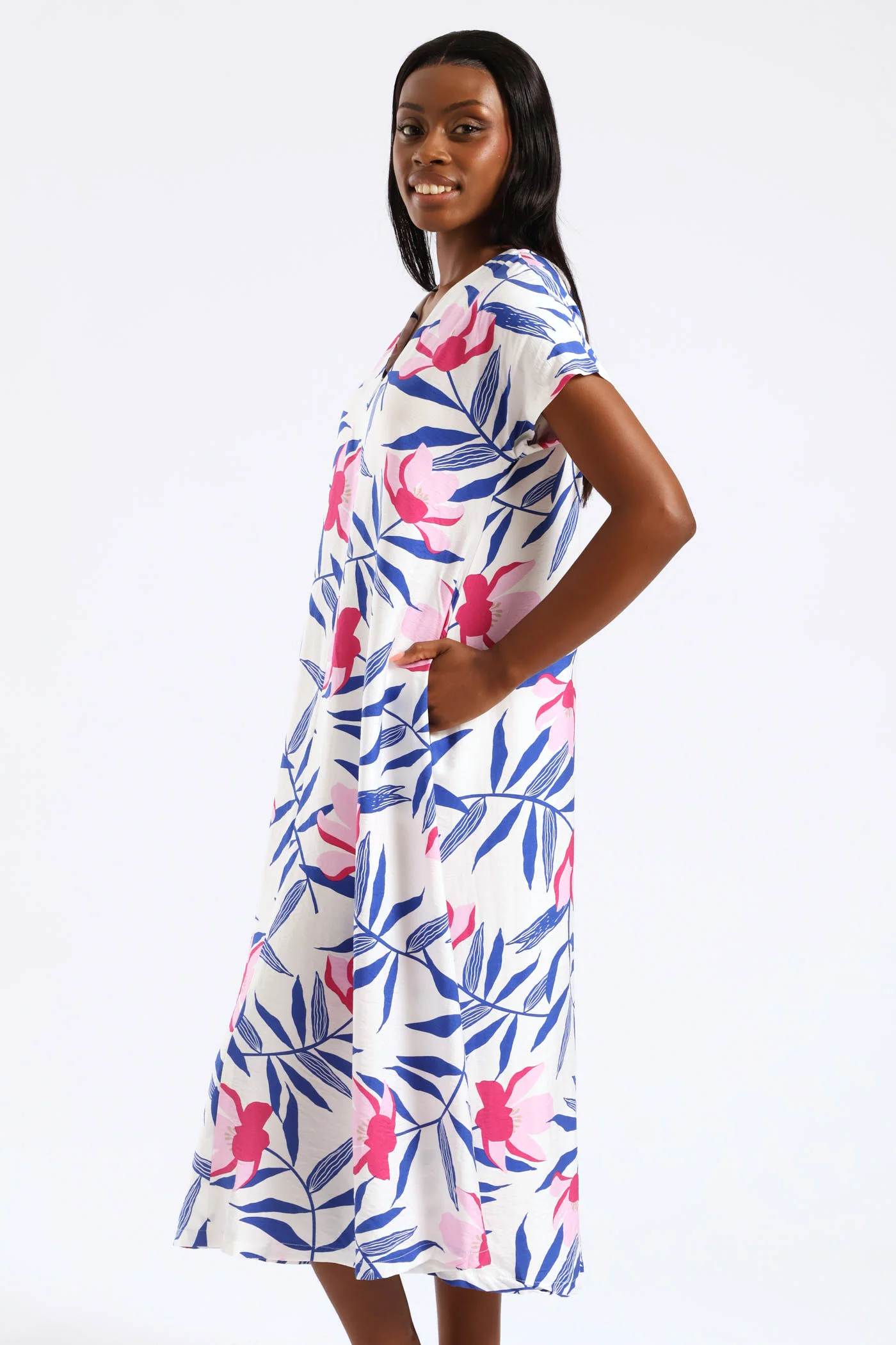 V-Neck Flared Kaftan Midi Dress - White/Blue - Image 3