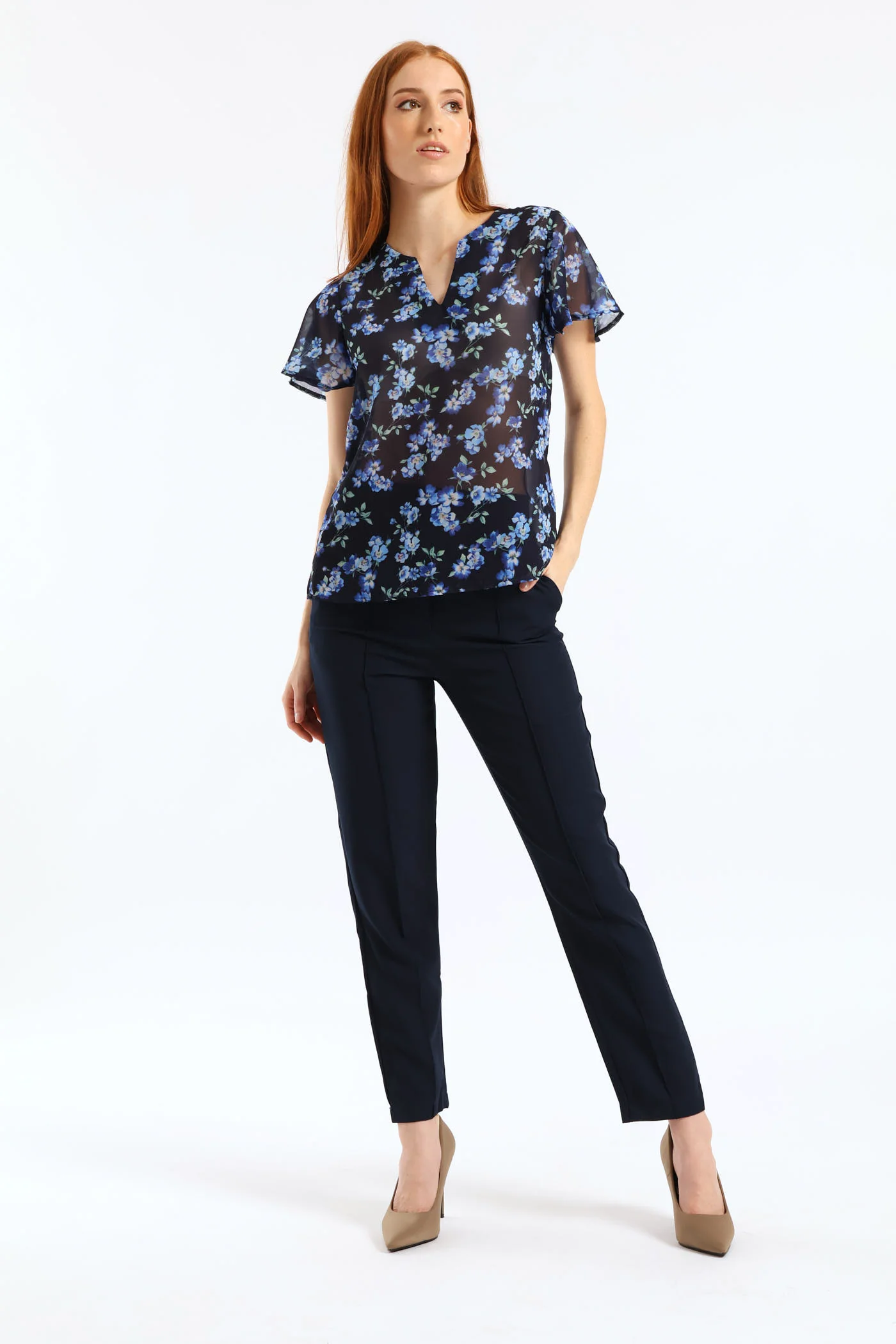 V-Neck Floral Blouse - Navy - Image 3