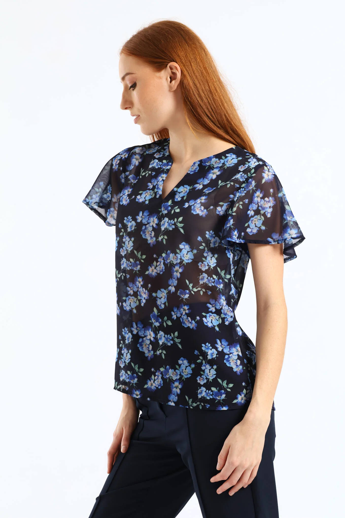 V-Neck Floral Blouse - Navy - Image 5