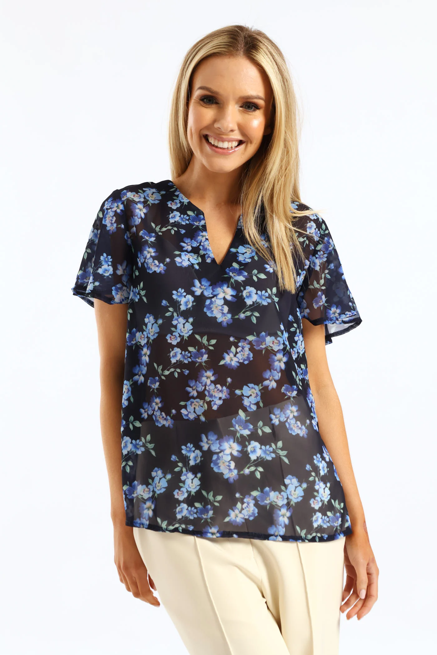 V-Neck Floral Blouse - Navy - Image 6