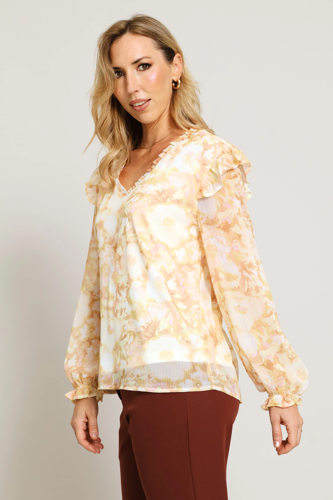 V-Neck Floral Ruffle Blouse - Cream - Image 2