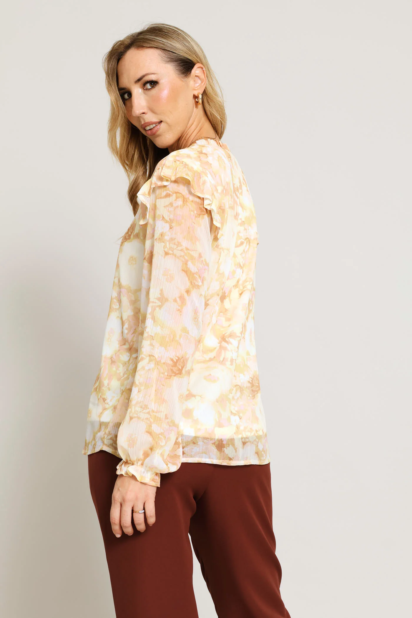 V-Neck Floral Ruffle Blouse - Cream - Image 3