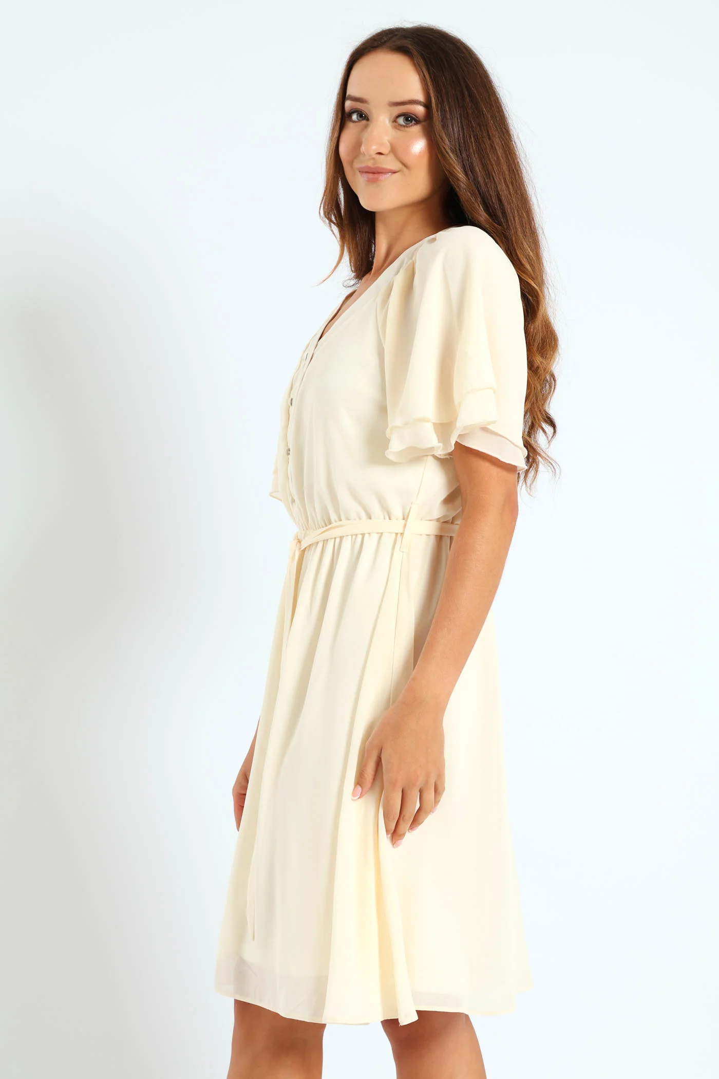V-Neck Flutter Sleeve Belted Tea Dress - Cream - Image 3