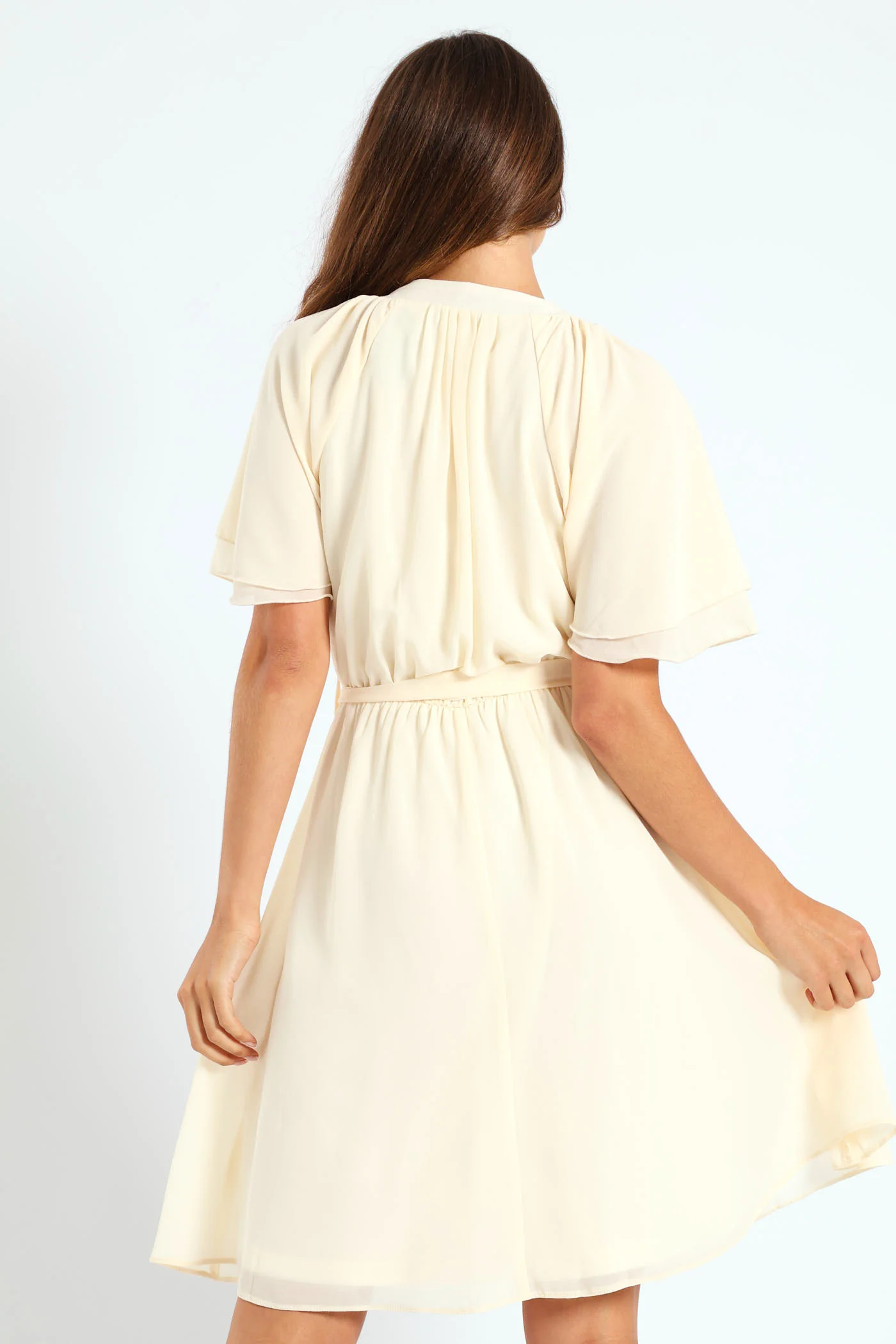 V-Neck Flutter Sleeve Belted Tea Dress - Cream - Image 4