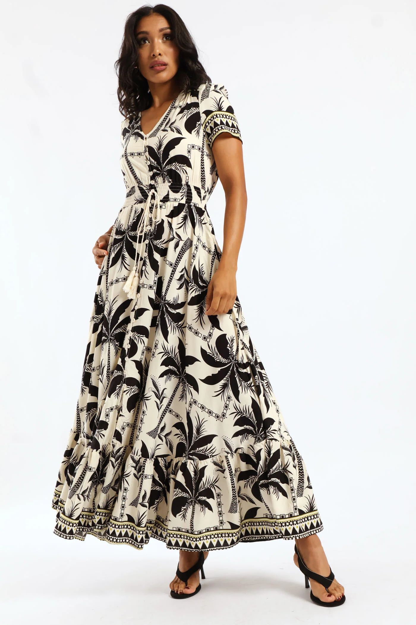 V-Neck Flutter Sleeve Button Through Maxi Dress - Black - Image 3