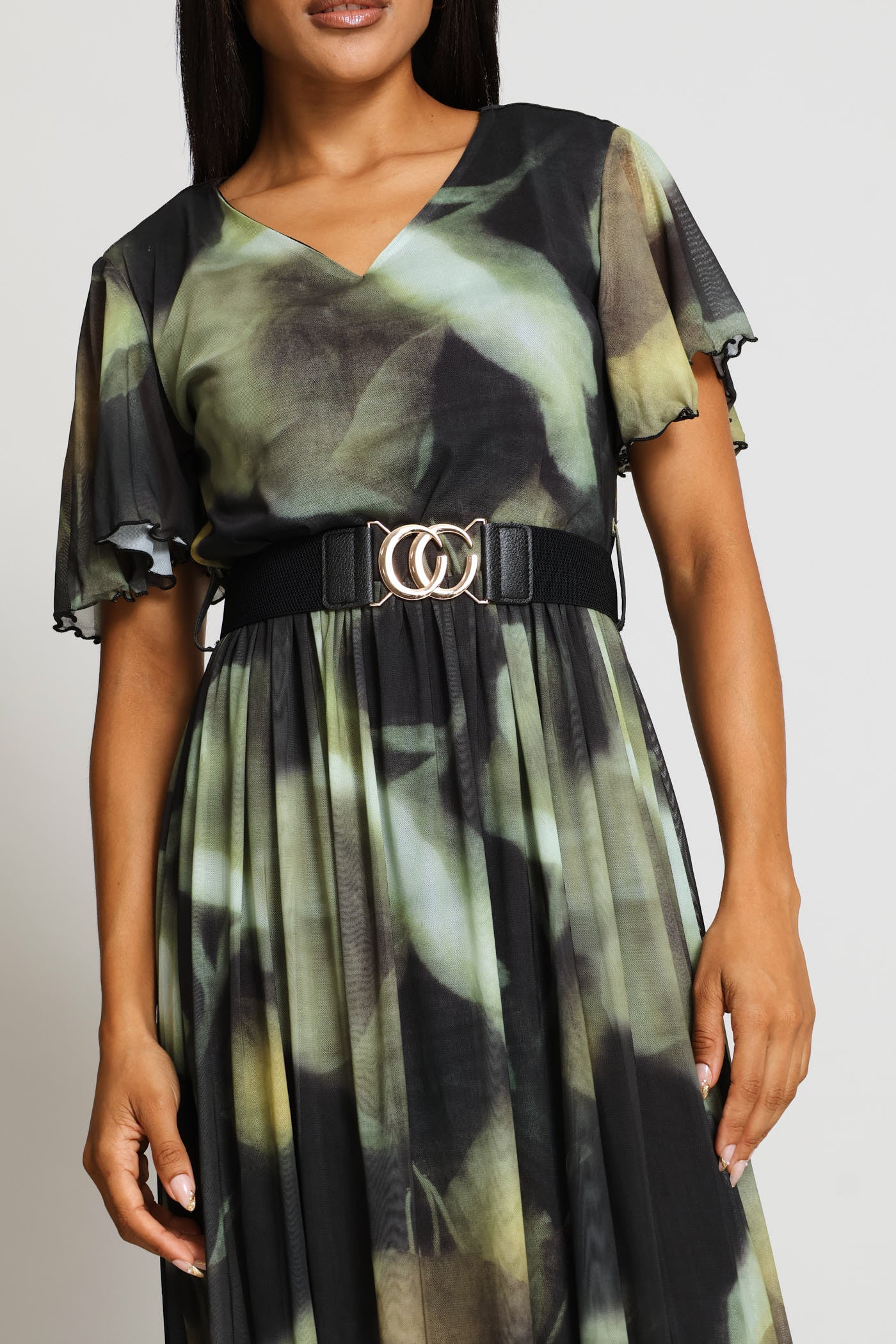 V-Neck Flutter Sleeve Mesh Maxi Dress - Green - Image 2