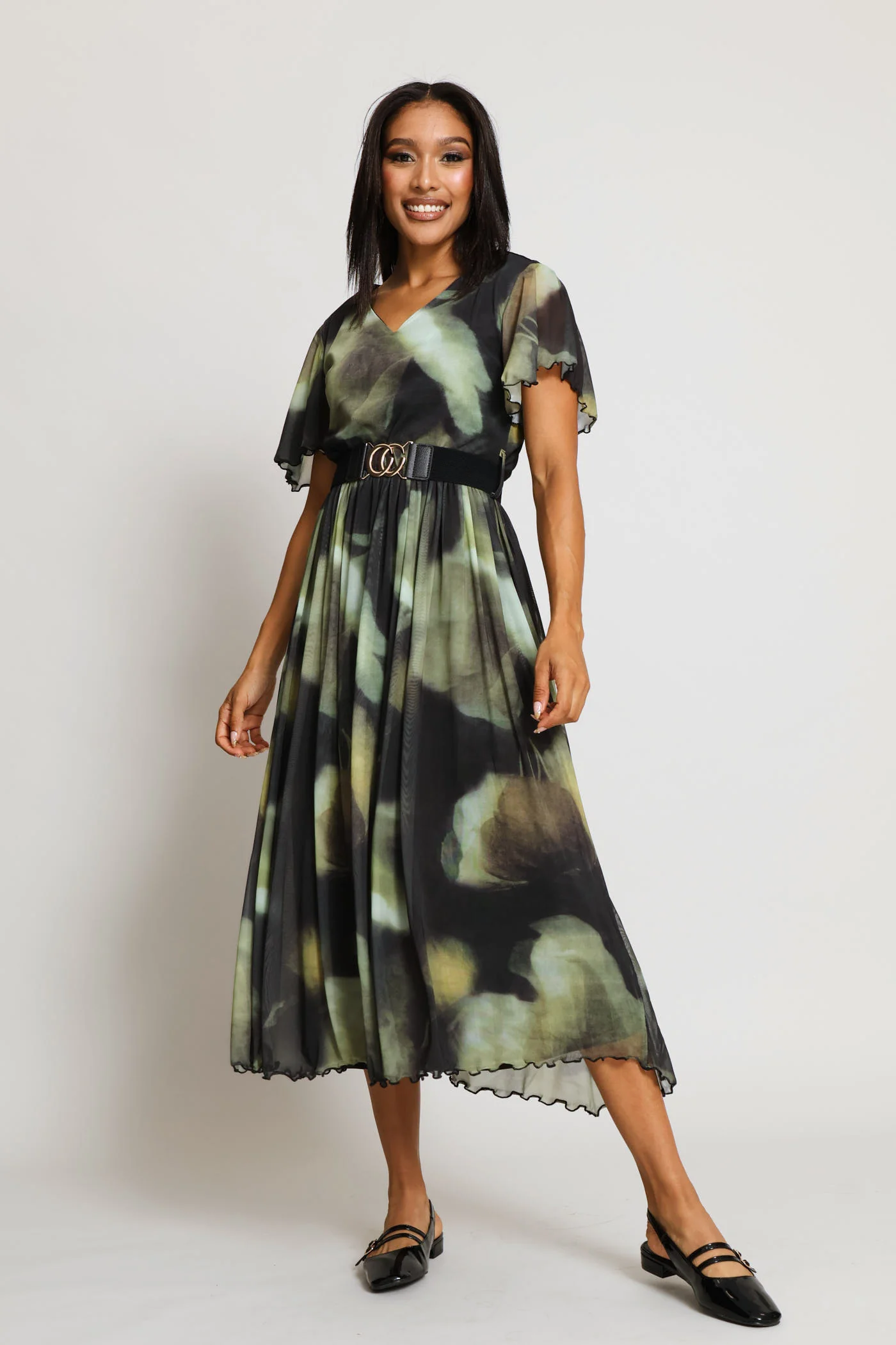 V-Neck Flutter Sleeve Mesh Maxi Dress - Green - Image 3