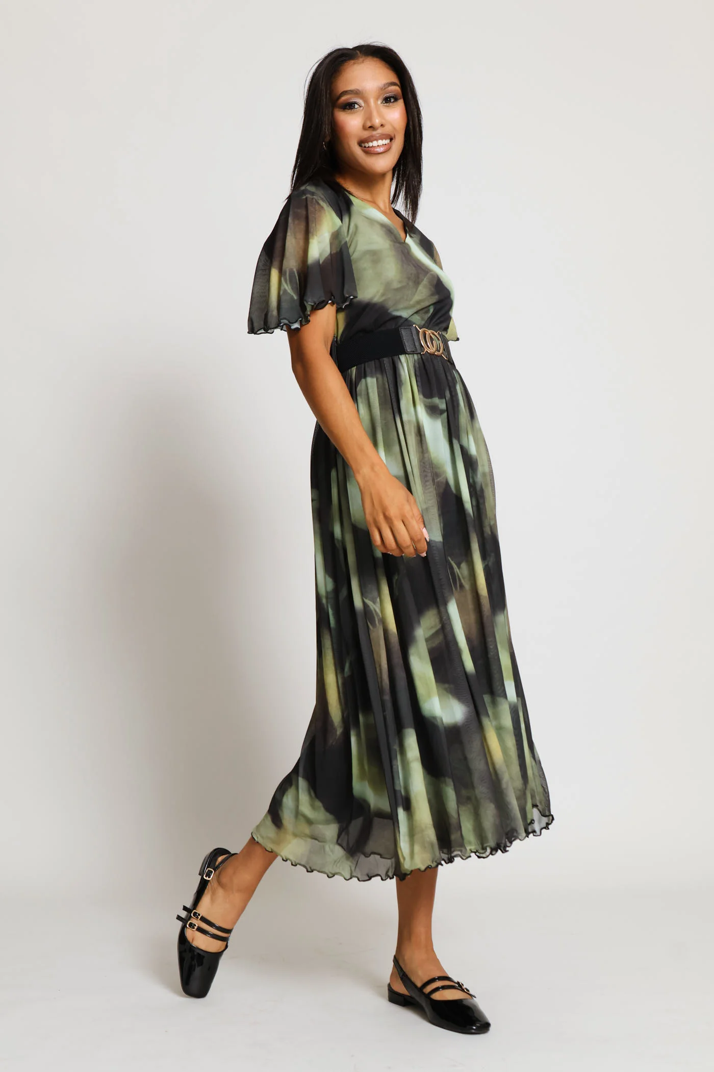 V-Neck Flutter Sleeve Mesh Maxi Dress - Green - Image 4