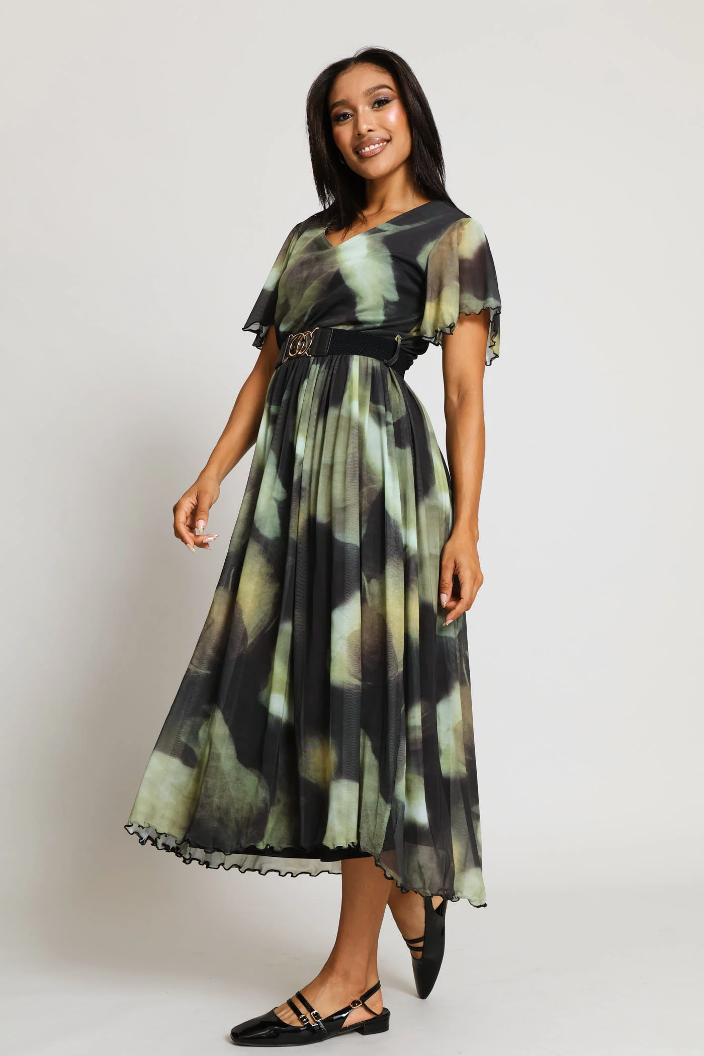V-Neck Flutter Sleeve Mesh Maxi Dress - Green - Image 5