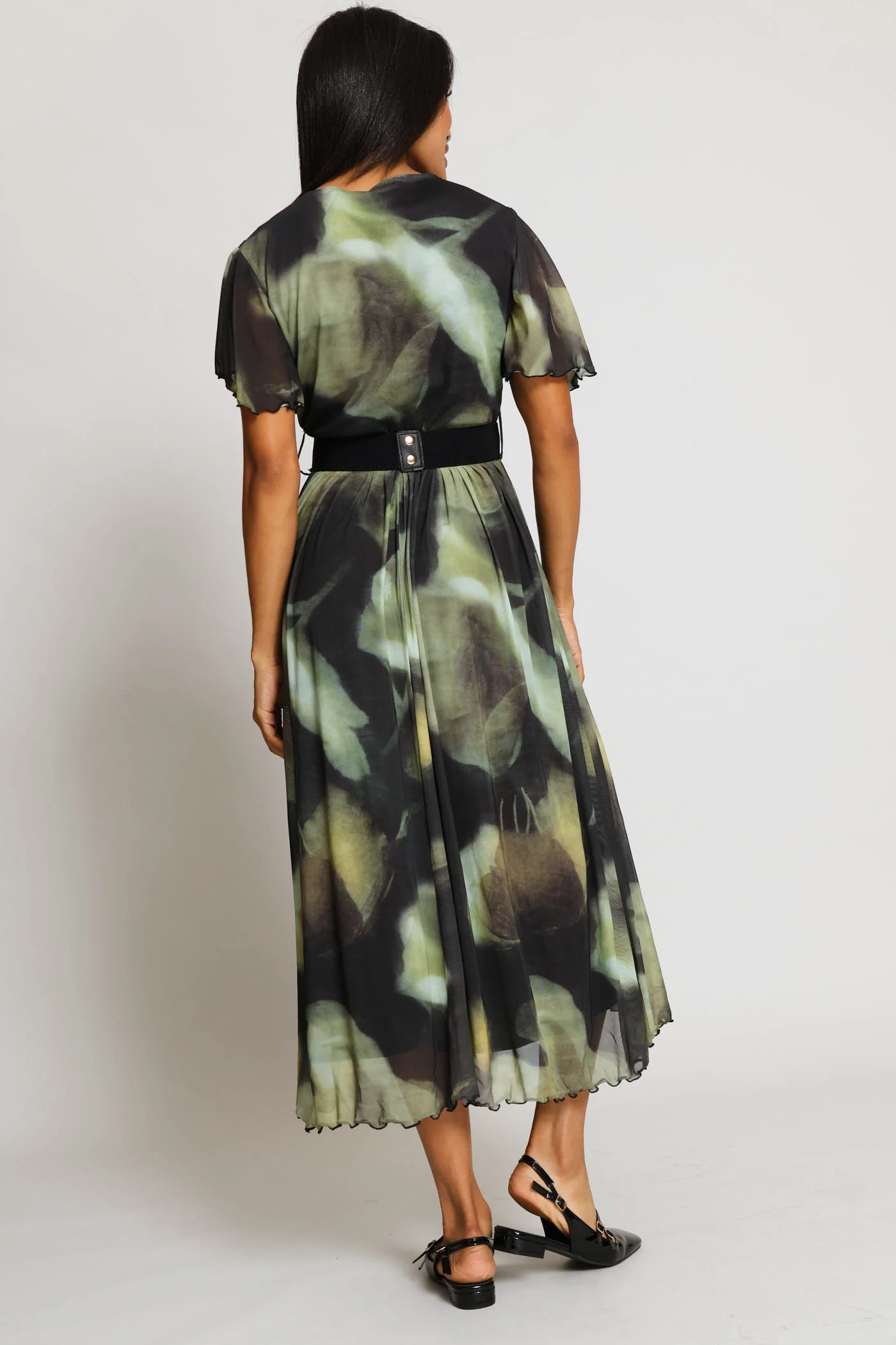 V-Neck Flutter Sleeve Mesh Maxi Dress - Green - Image 6
