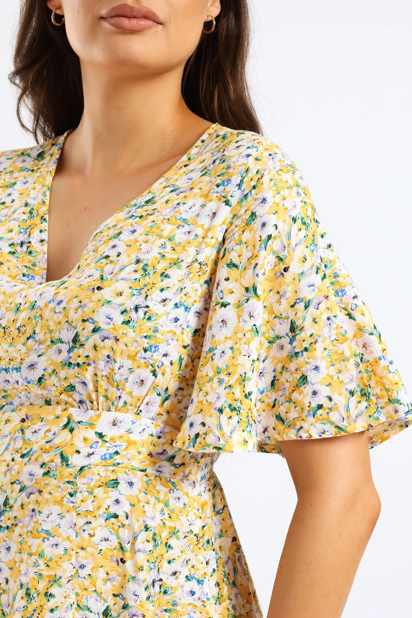 V-Neck Flutter Sleeve Midi Dress - Pastel Yellow - Image 2