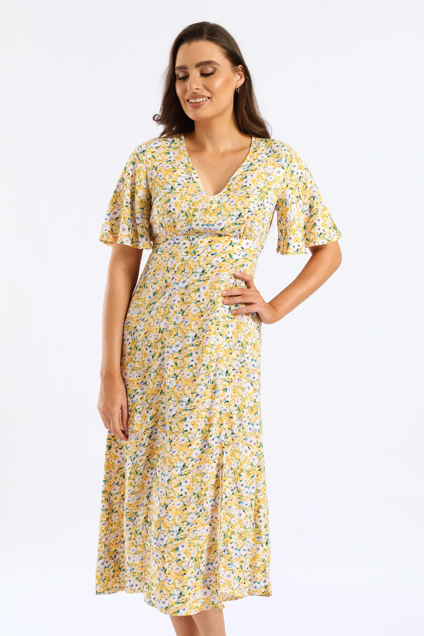 V-Neck Flutter Sleeve Midi Dress - Pastel Yellow - Image 3
