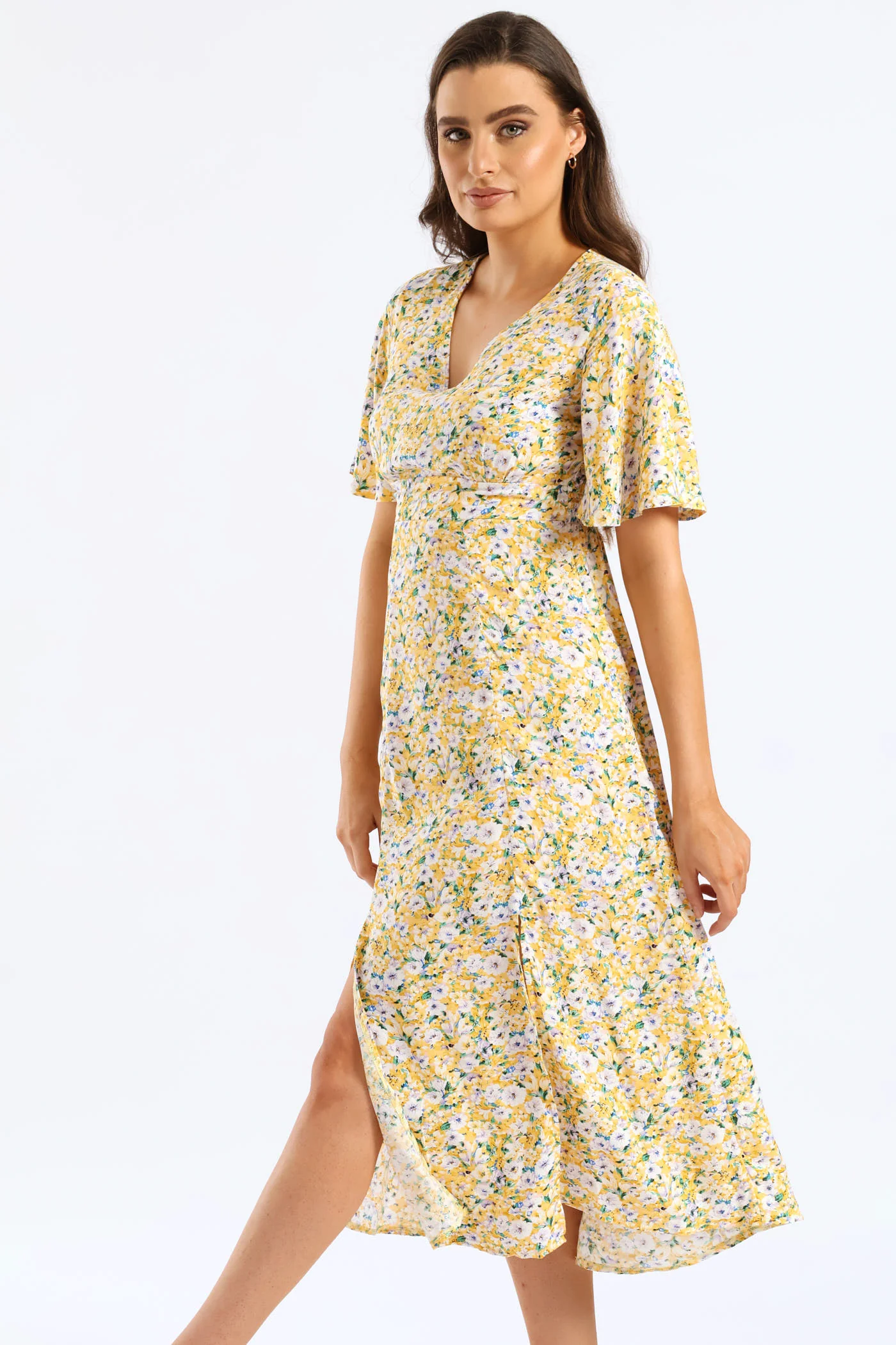 V-Neck Flutter Sleeve Midi Dress - Pastel Yellow - Image 4