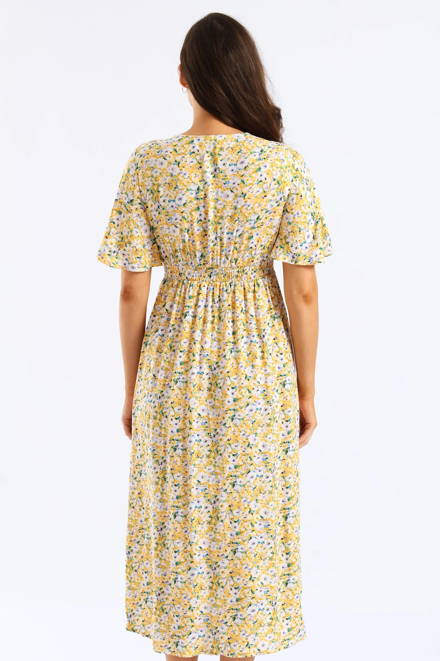V-Neck Flutter Sleeve Midi Dress - Pastel Yellow - Image 5